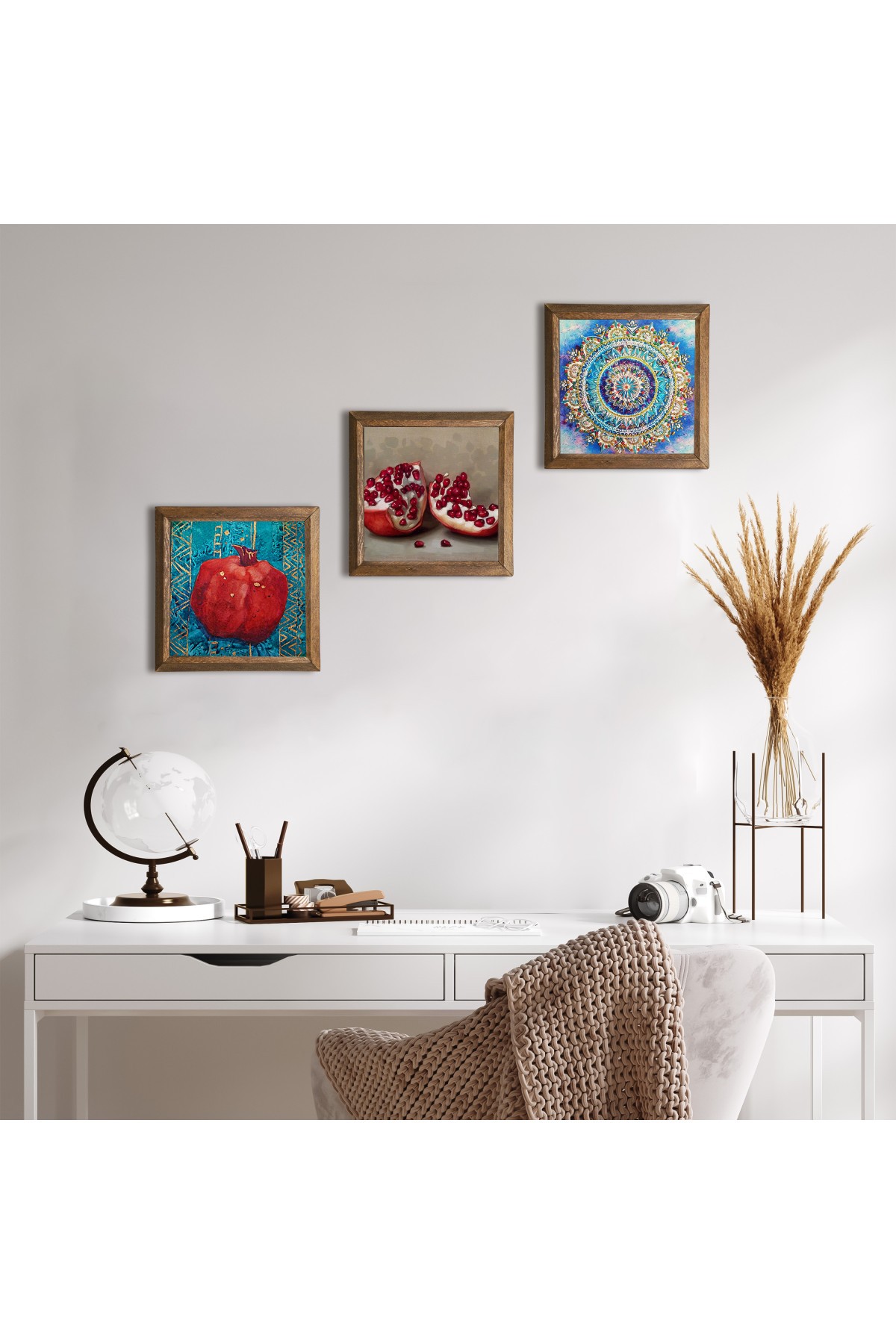 Mandala, Nar Taş Duvar Tablosu Ahşap Çerçeveli Duvar Dekoru 3 Parça Tablo Seti Wall Art