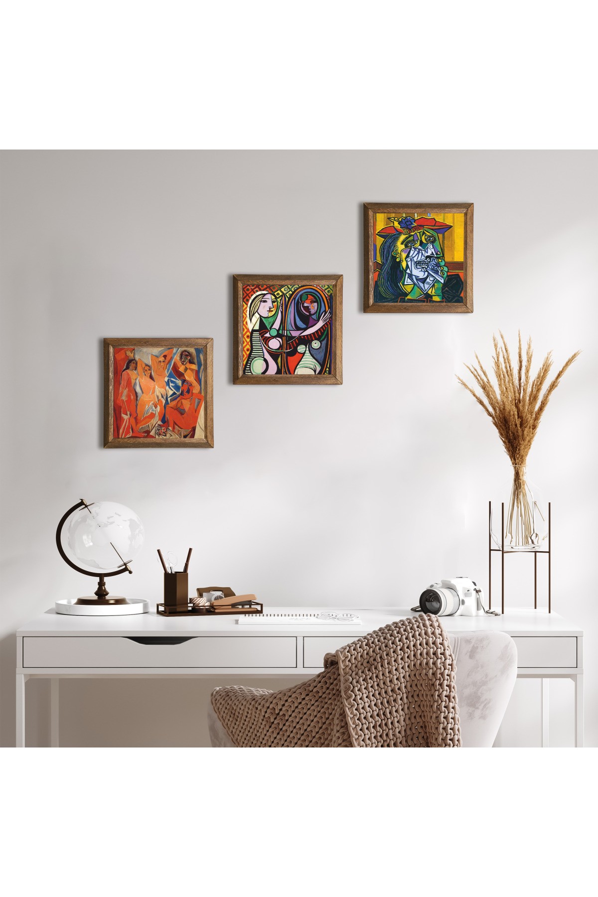 Picasso Taş Duvar Tablosu Ahşap Çerçeveli Duvar Dekoru 3 Parça Tablo Seti Wall Art