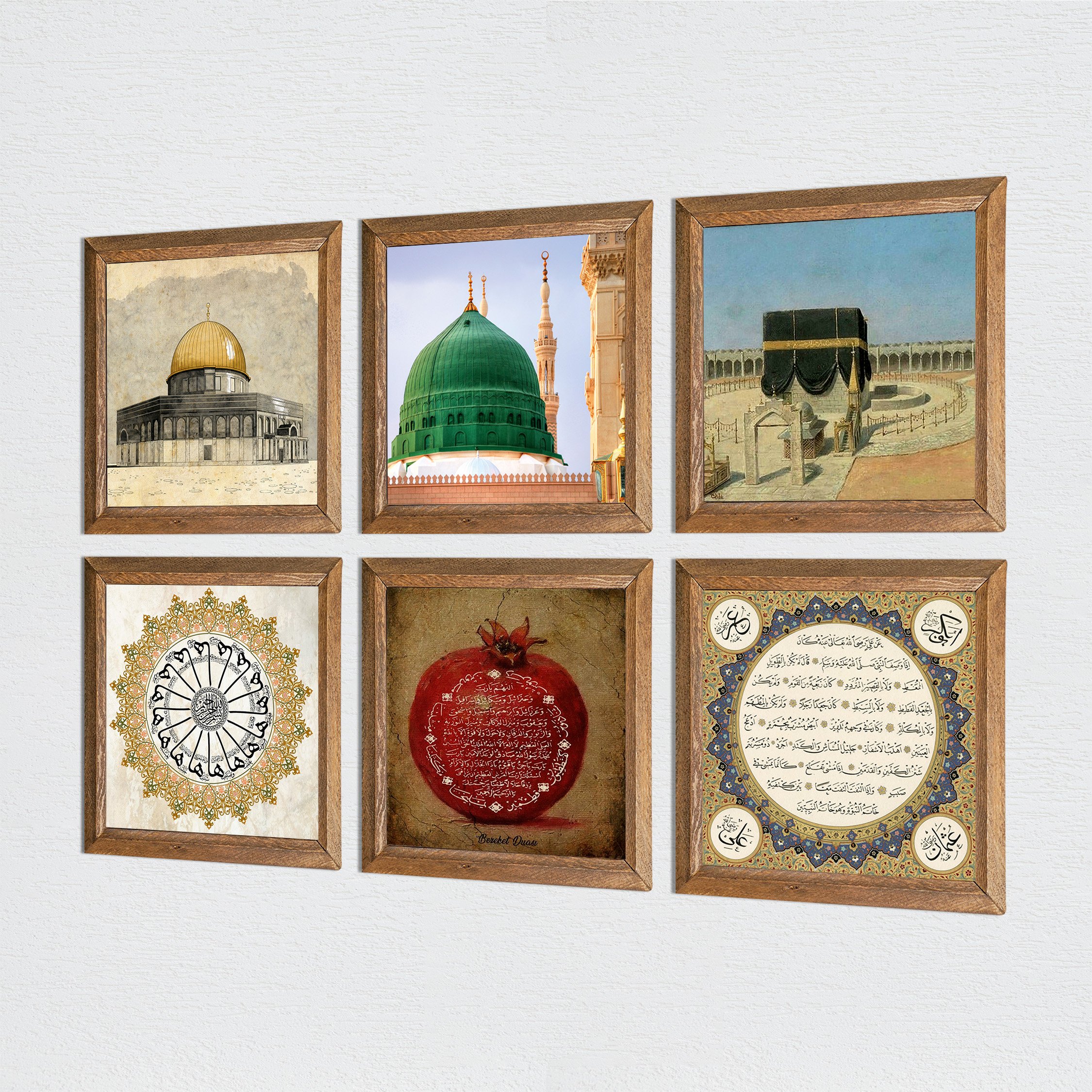 Kaaba-i Muazzama, Masjid al-Aqsa, Ravza-i Mutahhara, Surah Shams, Hilye-i Sharif, Prayer of Blessings Stone Wall Painting Wooden Framed Wall Decoration 6 Piece Painting Set Wall Art