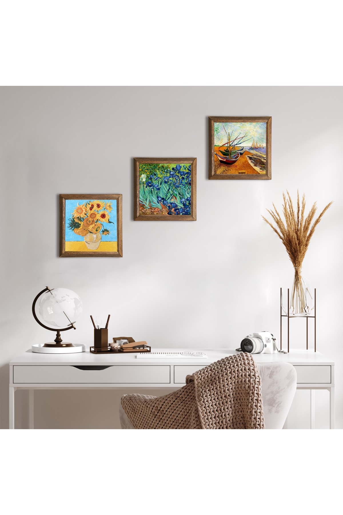 Van Gogh Fishing Boats, Vase with Twelve Sunflowers, Irises Stone Wall Painting Wood Framed Wall Decor 3 Piece Painting Set Wall Art