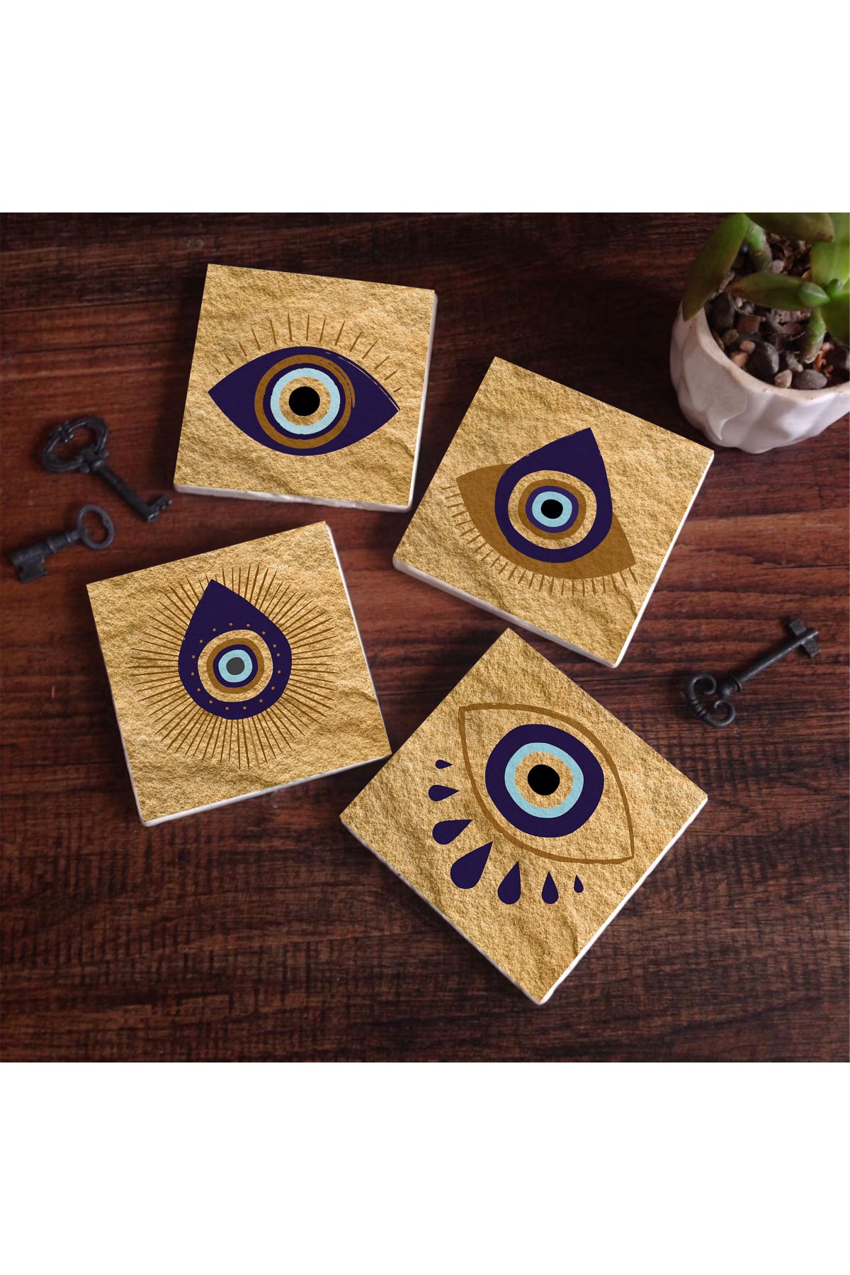 Nazar Taş Bardak Altlığı Masaüstü Koruyucu Altlık 4 Parça Set 10x10cm Stone Coasters