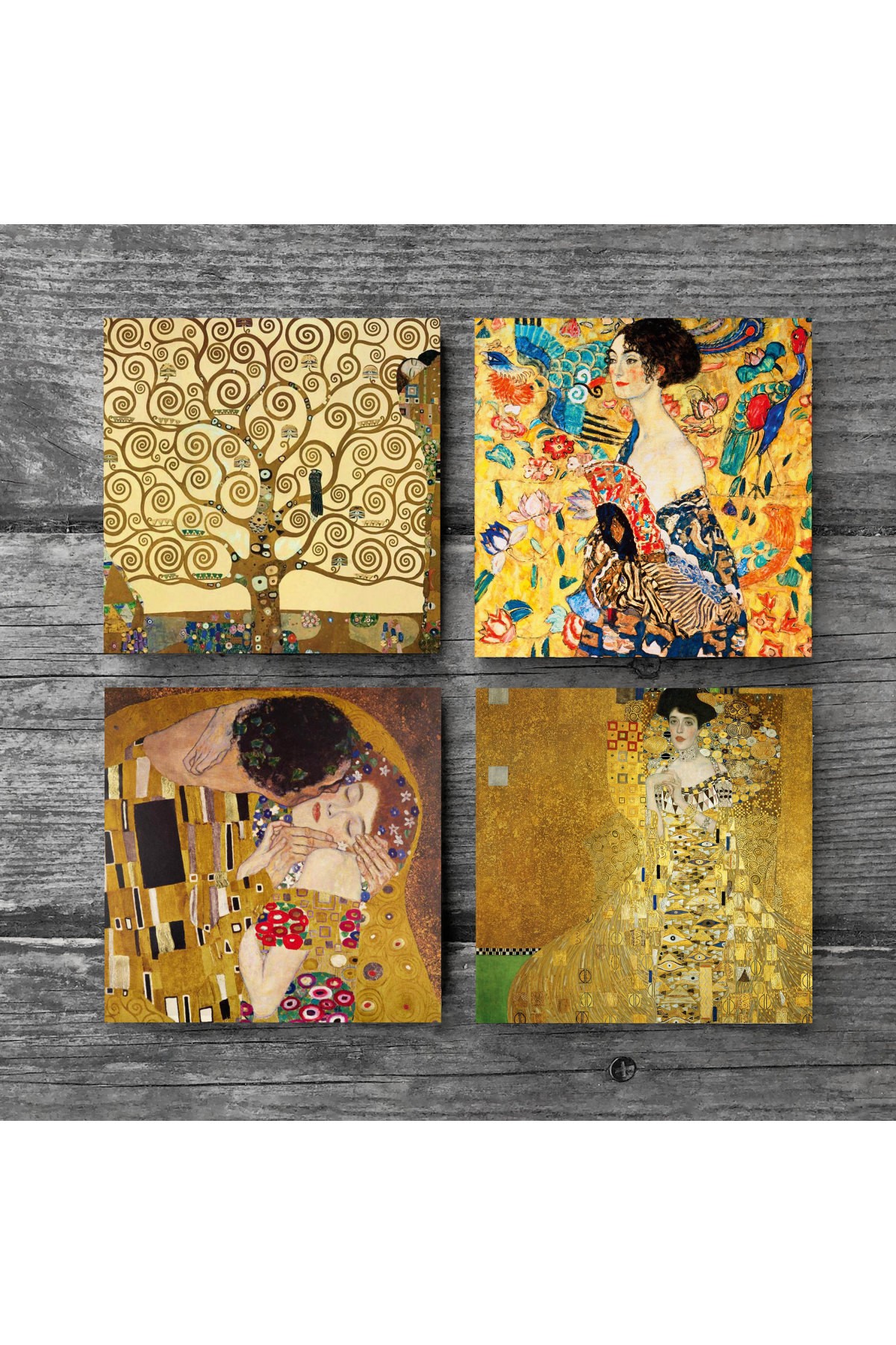 Gustav Klimt Yelpazeli Kadın, Adele Bloch-Bauer'in Portresi, Öpücük, Hayat Ağacı Taş Bardak Altlığı Masaüstü Koruyucu Altlık 4 Parça Set 10x10cm Stone Coasters