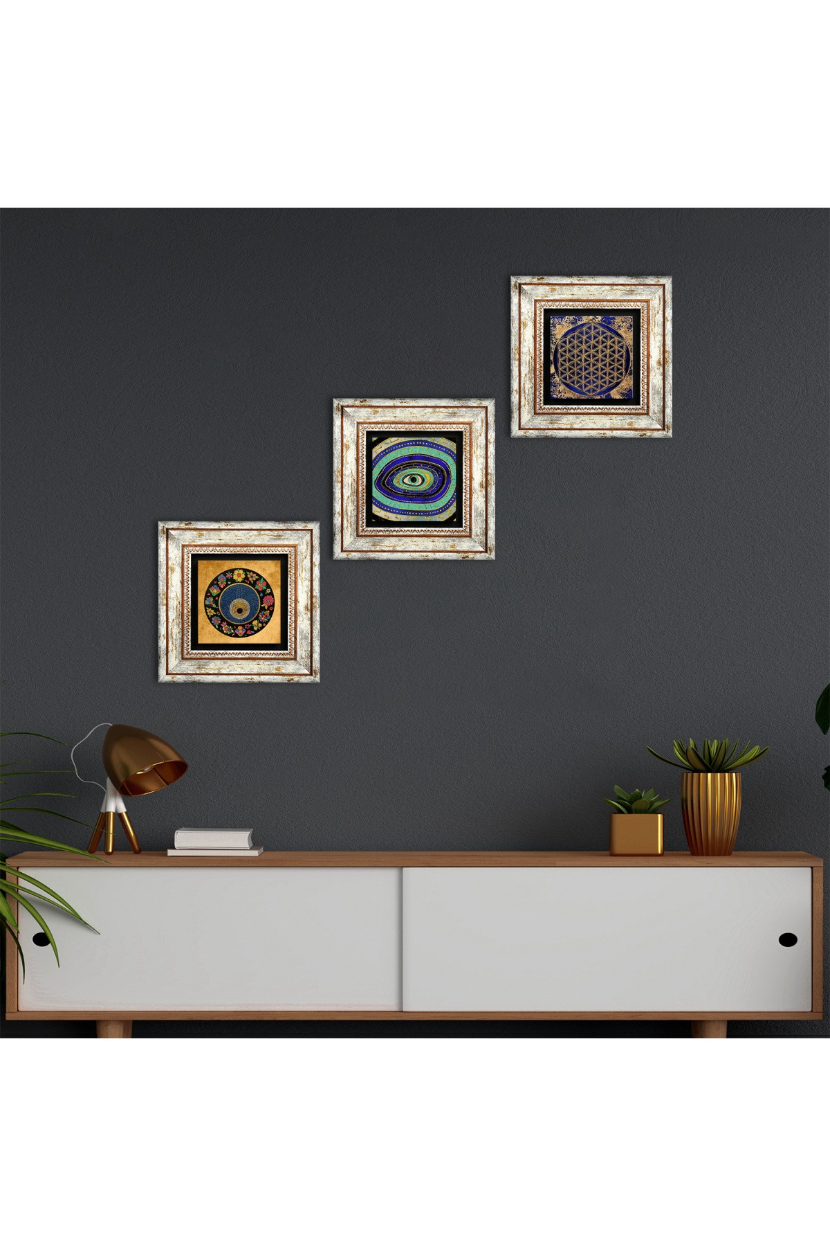 Nazar, Yaşam Çiçeği Taş Duvar Tablosu Çerçeveli Duvar Dekoru 3 Parça Tablo Seti Wall Art