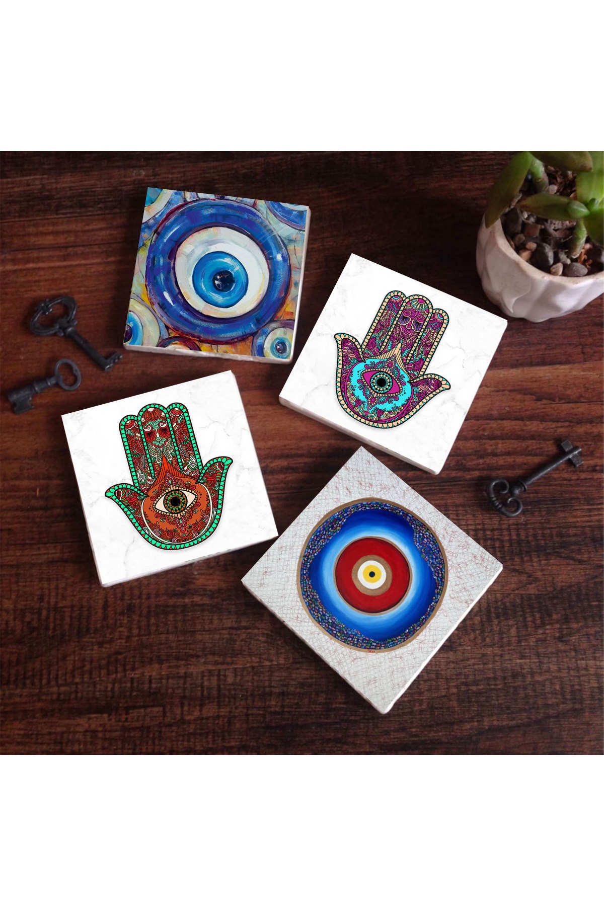 Evil Eye, Mother of Fatima Hand (Hamsa) Stone Coasters Desktop Protective Coasters 4 Piece Set 10x10cm Stone Coasters