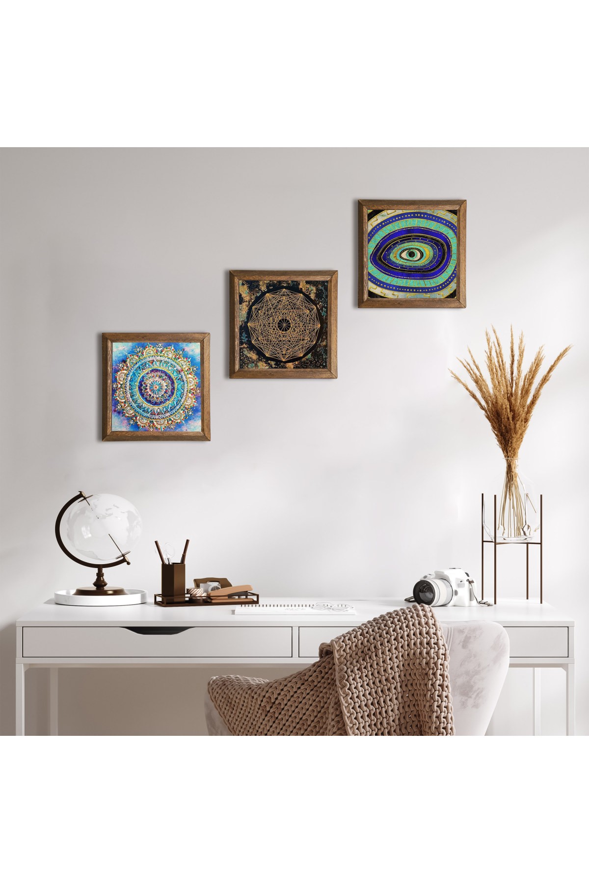 Mandala, Nazar, Sri Yantra Taş Duvar Tablosu Ahşap Çerçeveli Duvar Dekoru 3 Parça Tablo Seti Wall Art