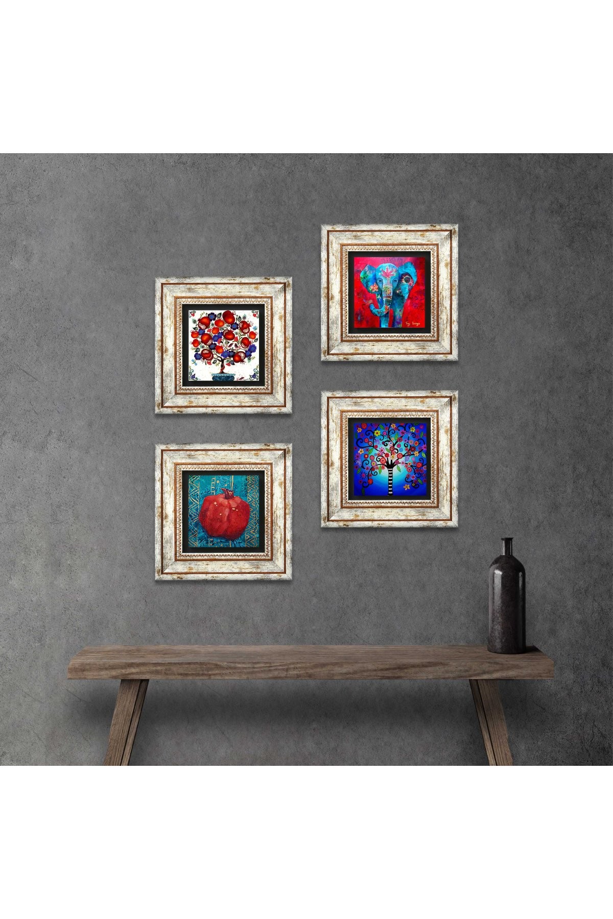 Elephant, Tree of Life, Pomegranate Tree, Pomegranate Stone Wall Painting Framed Wall Decor 4 Piece Painting Set Wall Art