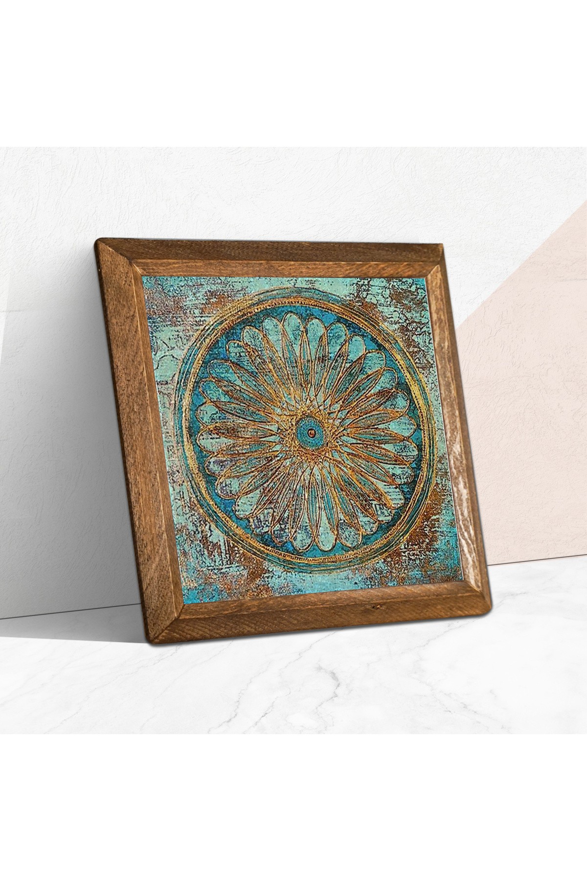 Yaşam Çiçeği Taş Duvar Tablosu Ahşap Çerçeveli Duvar Dekoru Wall Art 25x25cm