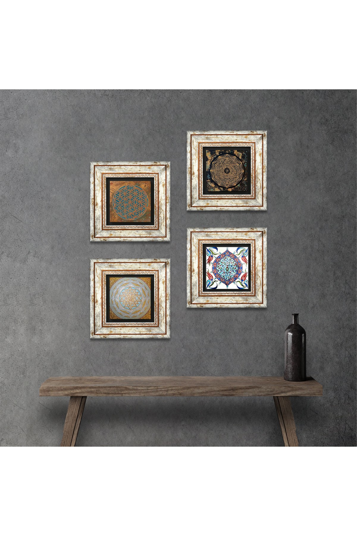 Yaşam Çiçeği, Sri Yantra, Çini Sanatı Taş Duvar Tablosu Çerçeveli Duvar Dekoru 4 Parça Tablo Seti Wall Art