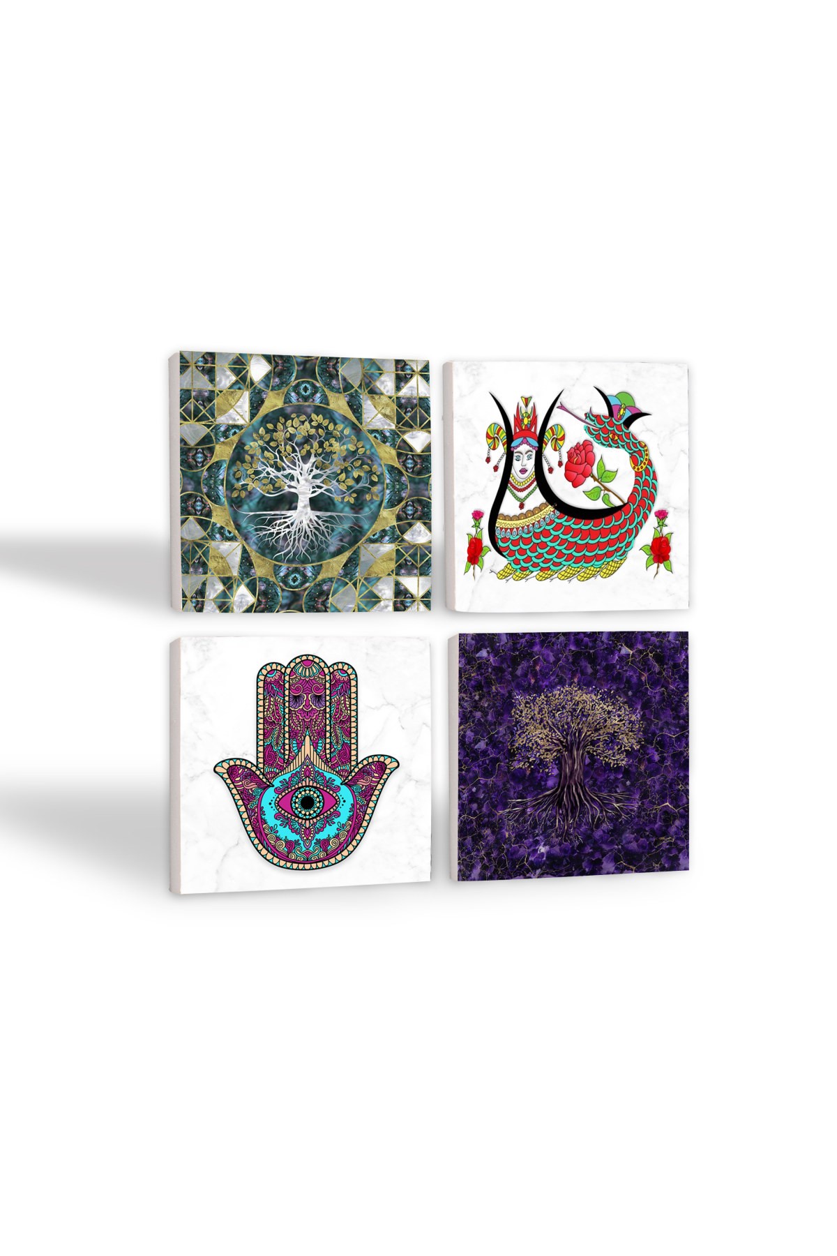 Tree of Life, Mother of Fatima Hand (Hamsa), Shahmeran Stone Coaster Desktop Protective Coaster 4 Piece Set 10x10cm Stone Coasters