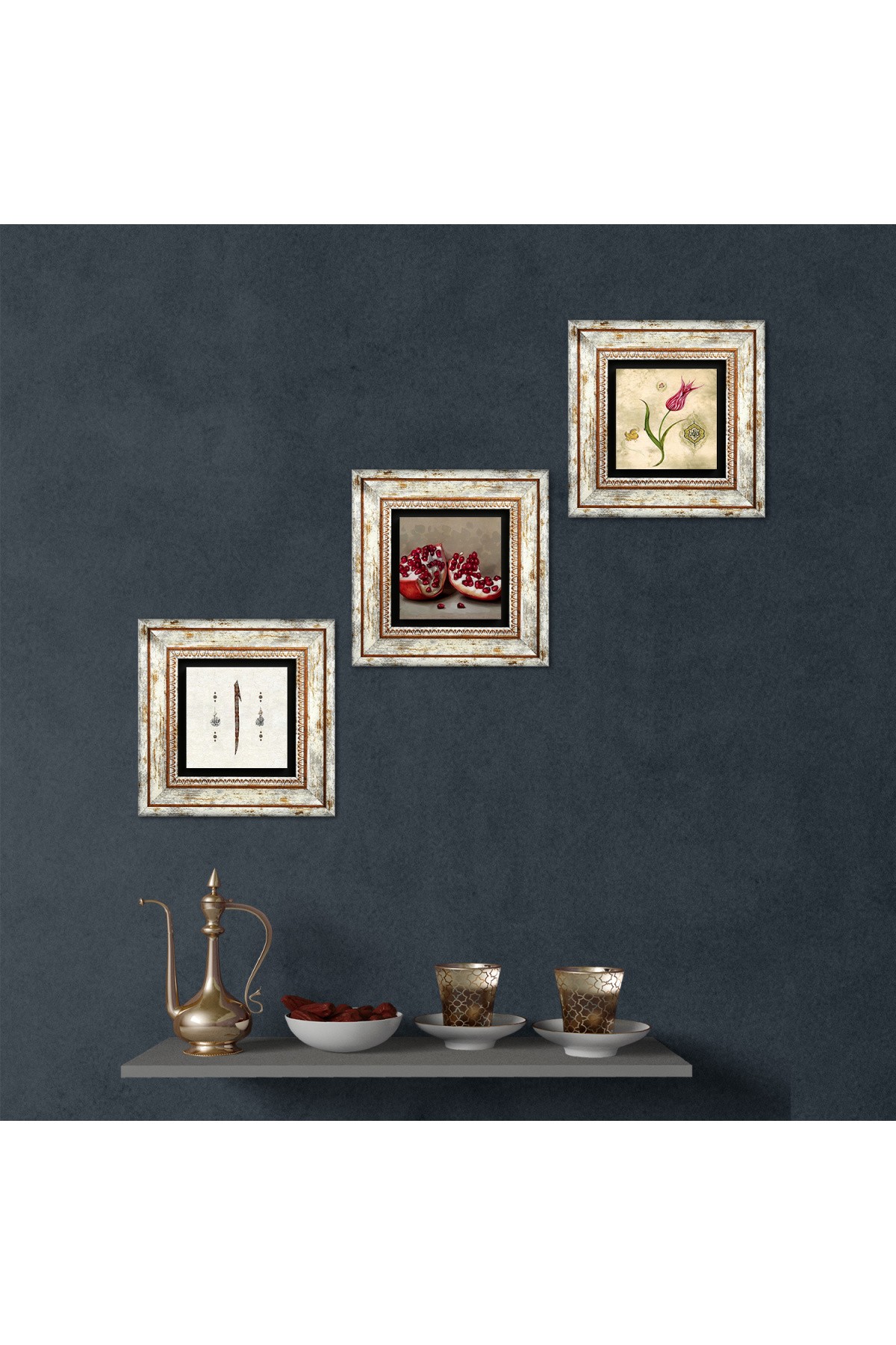 Tulip Marbling Art, Elif, Pomegranate Stone Wall Painting Framed Wall Decor 3 Piece Painting Set Wall Art