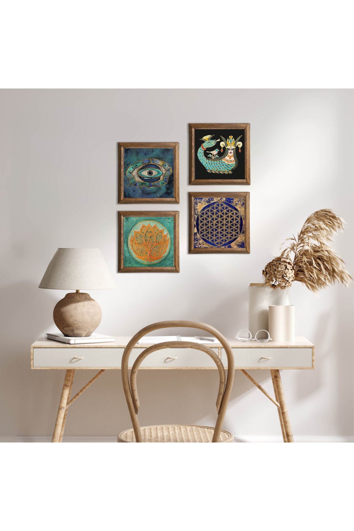 Evil Eye, Lotus Flower, Flower of Life, Shahmaran Stone Wall Painting Wooden Framed Wall Decor 4 Piece Painting Set Wall Art