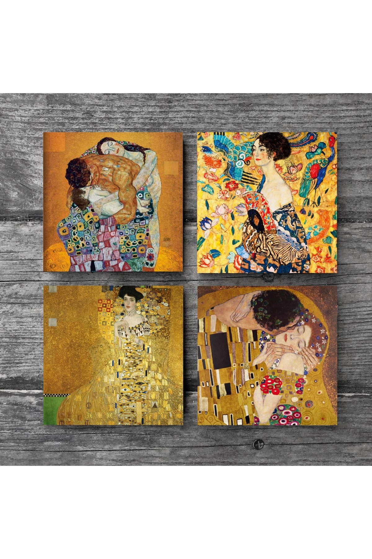 Gustav Klimt Yelpazeli Kadın, Bauer'in Portresi, Aile Kucaklama, Öpücük Taş Bardak Altlığı Masaüstü Koruyucu Altlık 4 Parça Set 10x10cm Stone Coasters