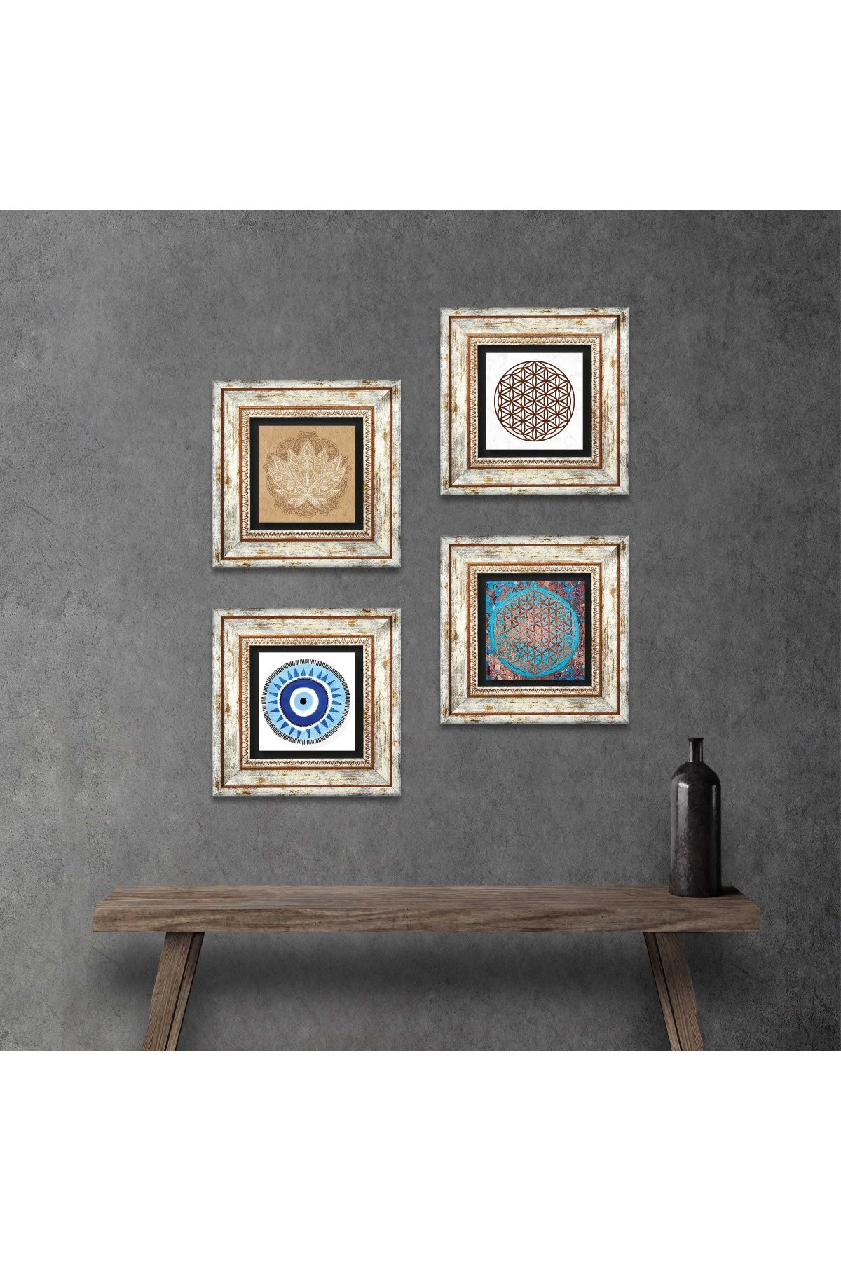 Evil Eye, Lotus Flower, Flower of Life Stone Wall Painting Framed Wall Decor 4 Piece Painting Set Wall Art