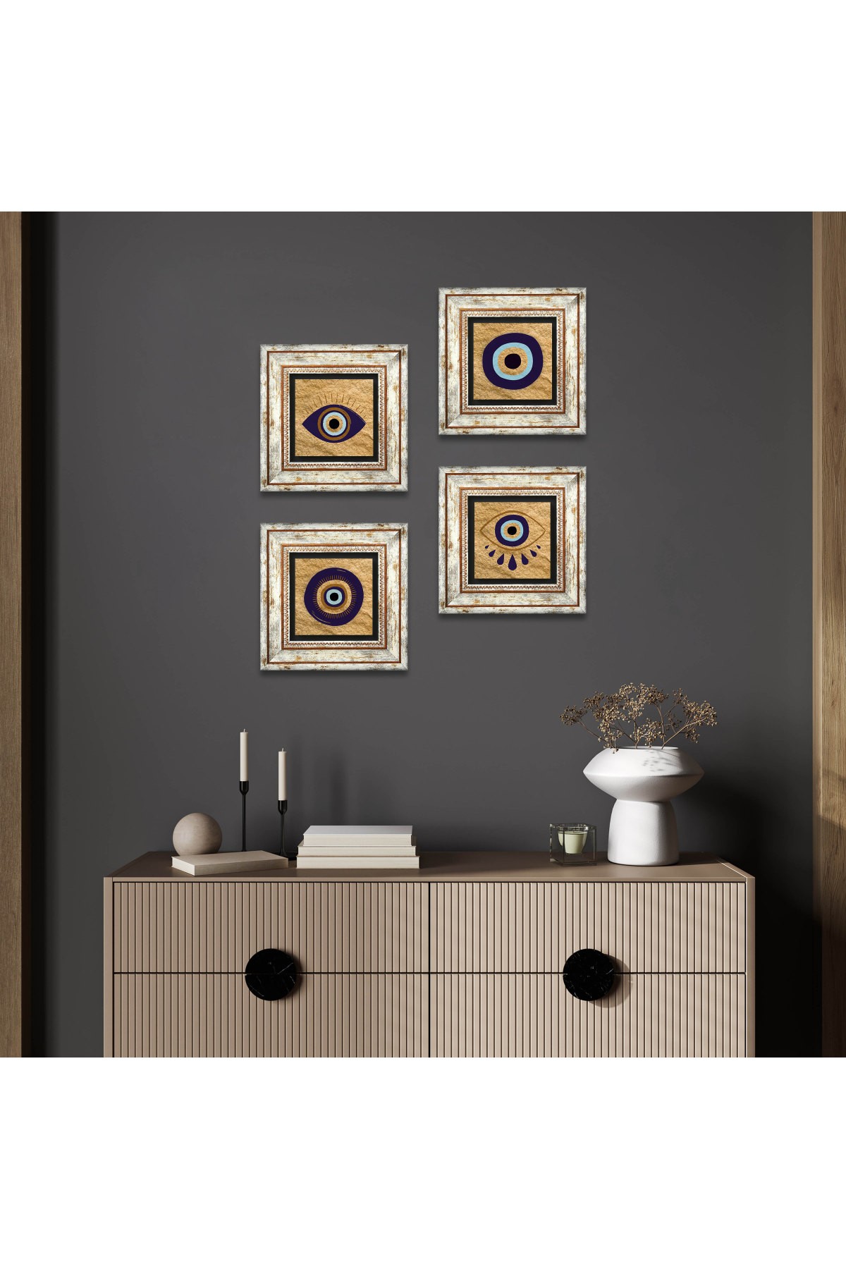 Nazar Taş Duvar Tablosu Çerçeveli Duvar Dekoru 4 Parça Tablo Seti Wall Art