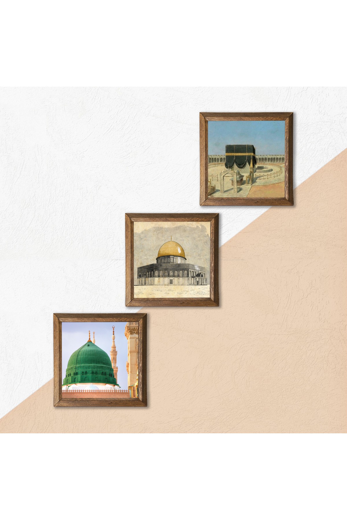 Kaaba-i Muazzama, Al-Aqsa Mosque, Ravza-i Mutahhara Stone Wall Painting Wooden Framed Wall Decor 3 Piece Painting Set Wall Art