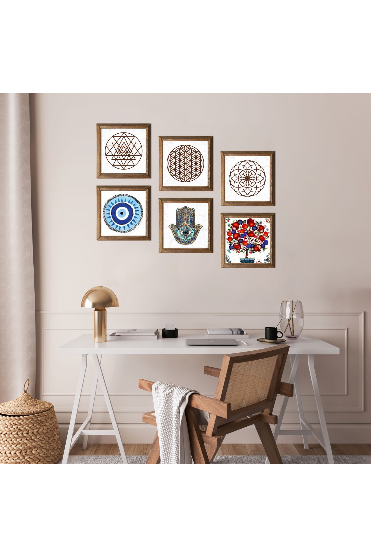 Nazar, Yaşam Çiçeği, Sri Yantra, Nar Ağacı, Fatma Ana Eli (Hamsa) Taş Duvar Tablosu Ahşap Çerçeveli Duvar Dekoru 6 Parça Tablo Seti Wall Art