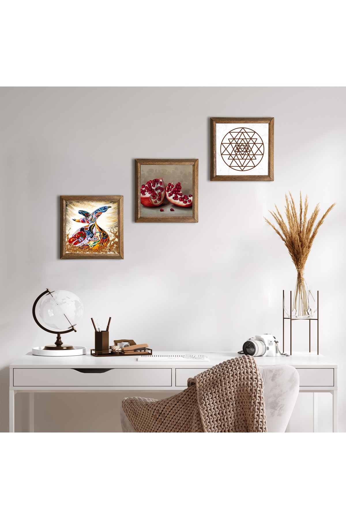 Sri Yantra, Semazen, Nar Taş Duvar Tablosu Ahşap Çerçeveli Duvar Dekoru 3 Parça Tablo Seti Wall Art