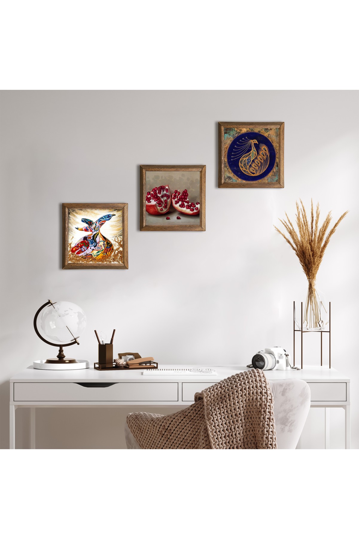 Peacock, Whirling Dervish, Pomegranate Stone Wall Painting Wooden Framed Wall Decor 3 Piece Painting Set Wall Art