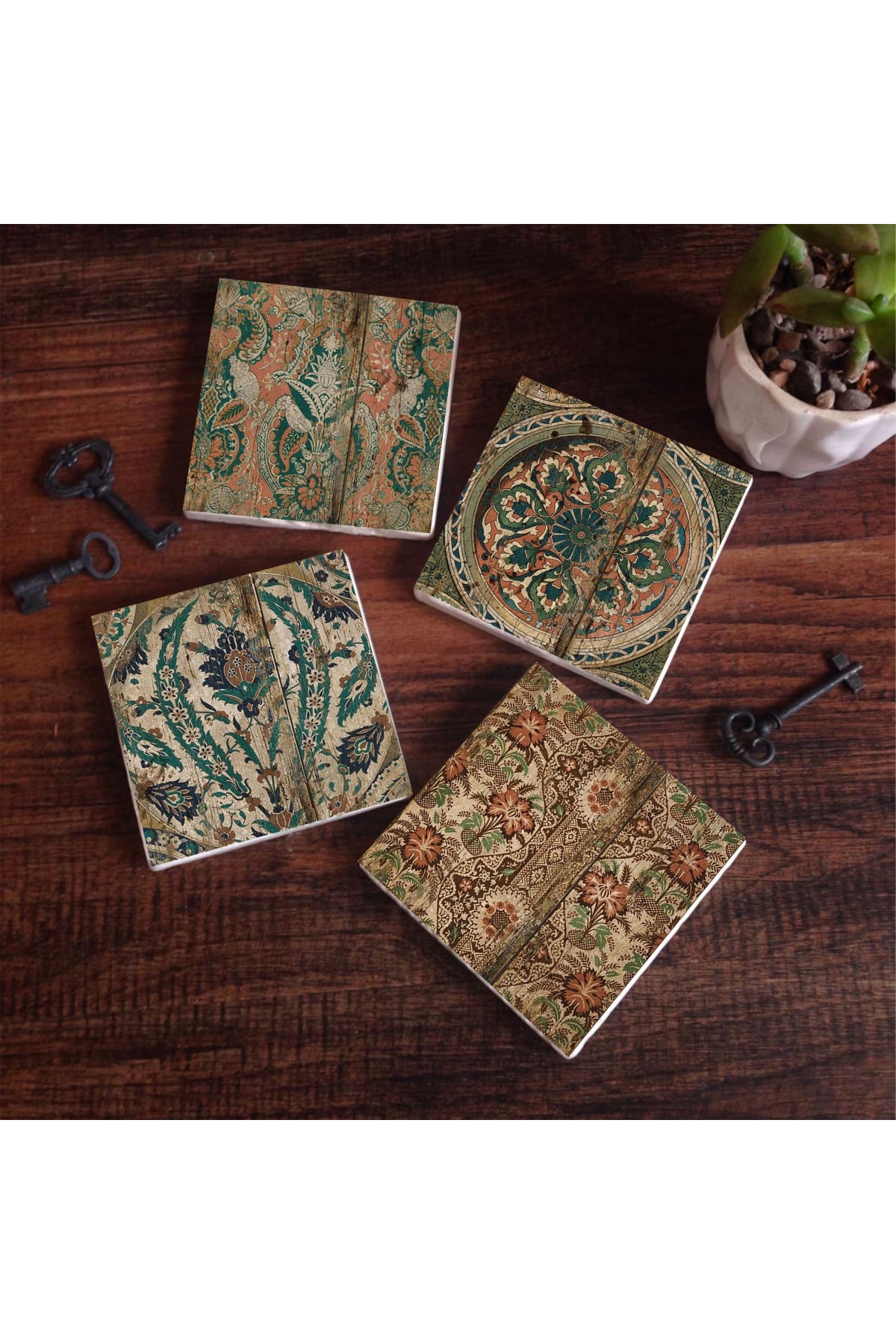 Vintage Desen Taş Bardak Altlığı Masaüstü Koruyucu Altlık 4 Parça Set 10x10cm Stone Coasters