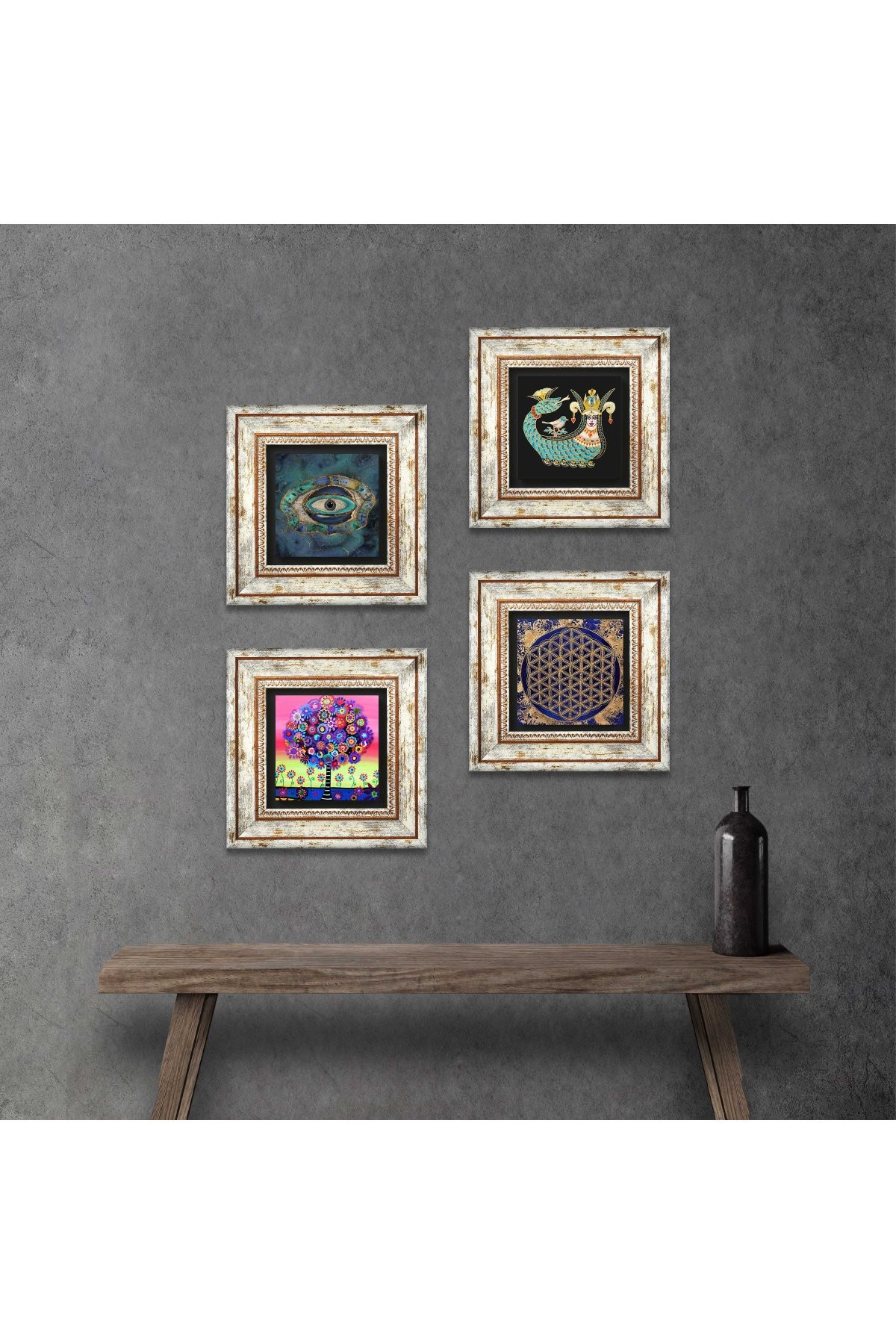 Evil Eye, Flower of Life, Tree of Life, Shahmaran Stone Wall Painting Framed Wall Decor 4 Piece Painting Set Wall Art