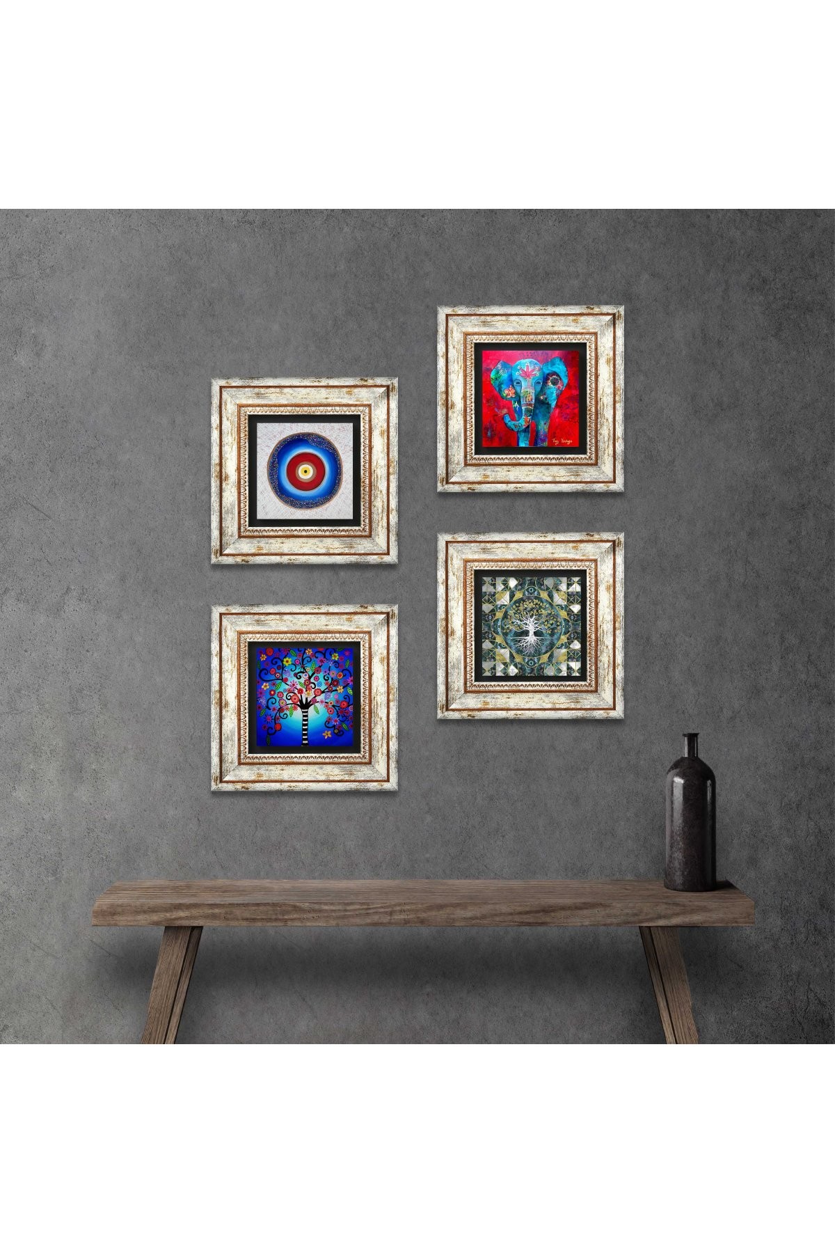 Evil Eye, Elephant, Tree of Life Stone Wall Painting Framed Wall Decor 4 Piece Painting Set Wall Art