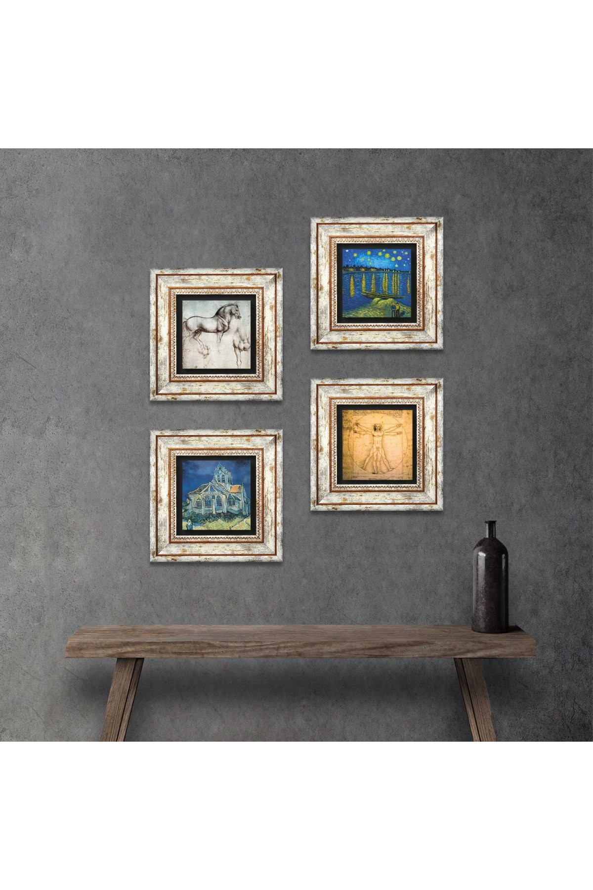 Van Gogh, Leonardo da Vinci Stone Wall Painting Framed Wall Decor 4 Piece Painting Set Wall Art