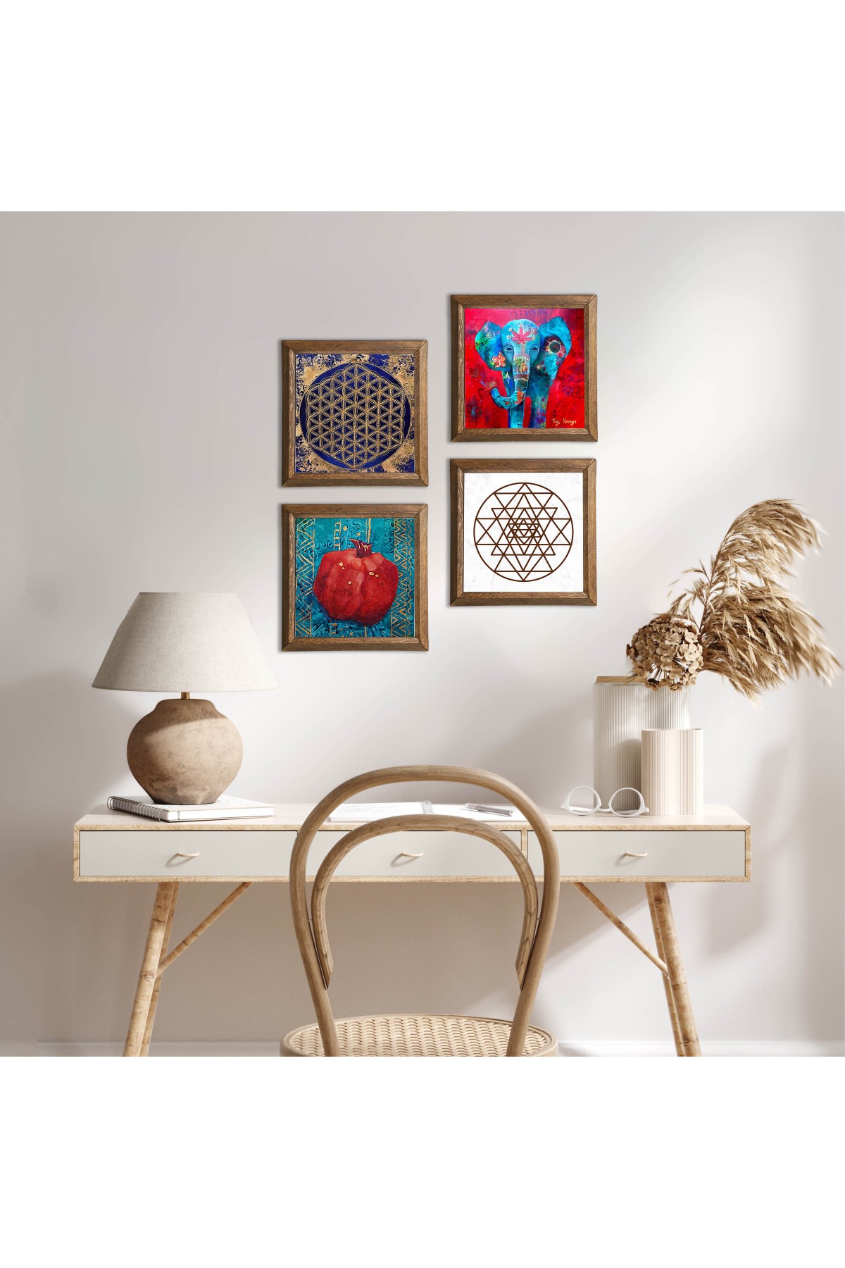 Fil, Sri Yantra, Yaşam Çiçeği, Nar Taş Duvar Tablosu Ahşap Çerçeveli Duvar Dekoru 4 Parça Tablo Seti Wall Art