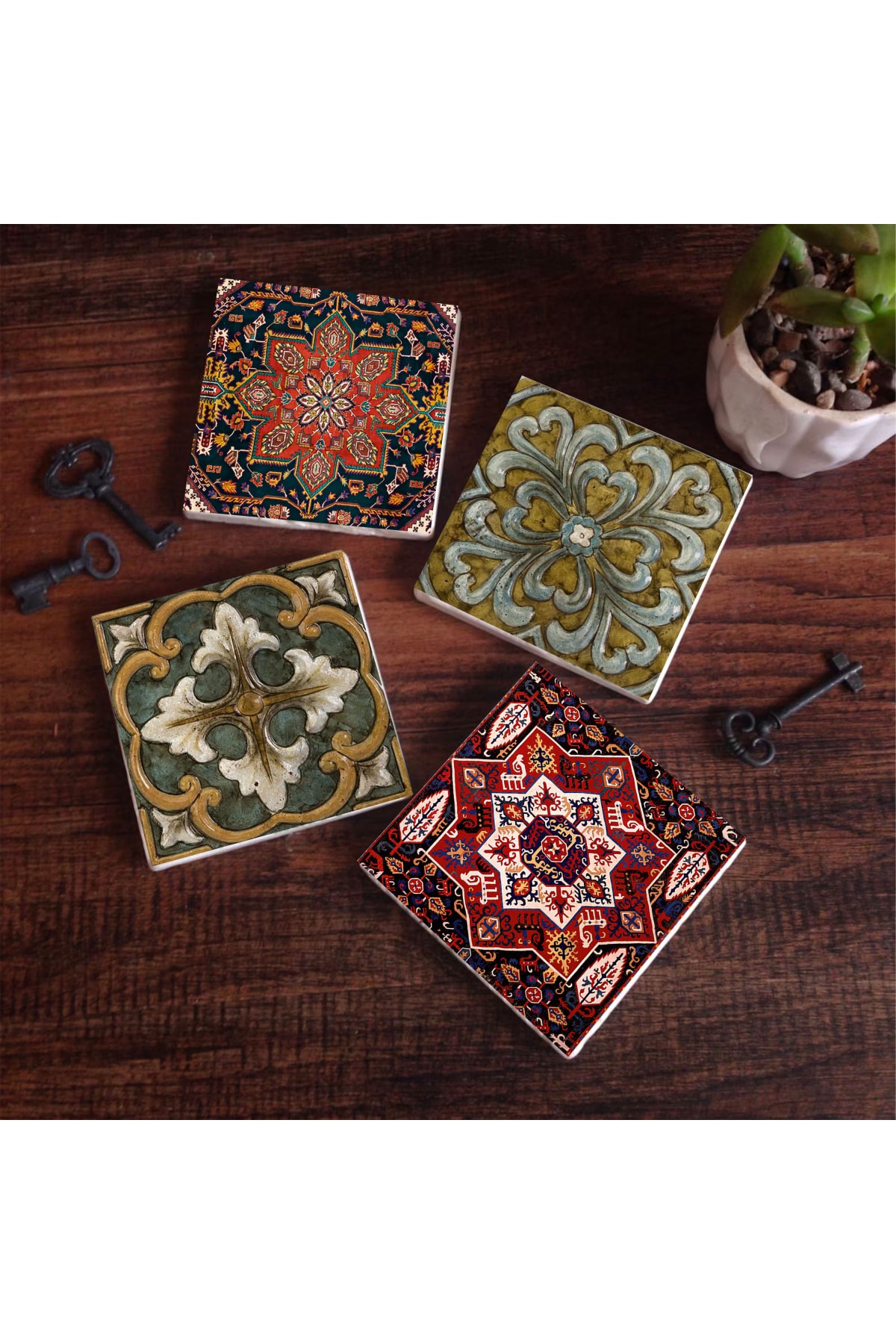 Desen Taş Bardak Altlığı Masaüstü Koruyucu Altlık 4 Parça Set 10x10cm Stone Coasters