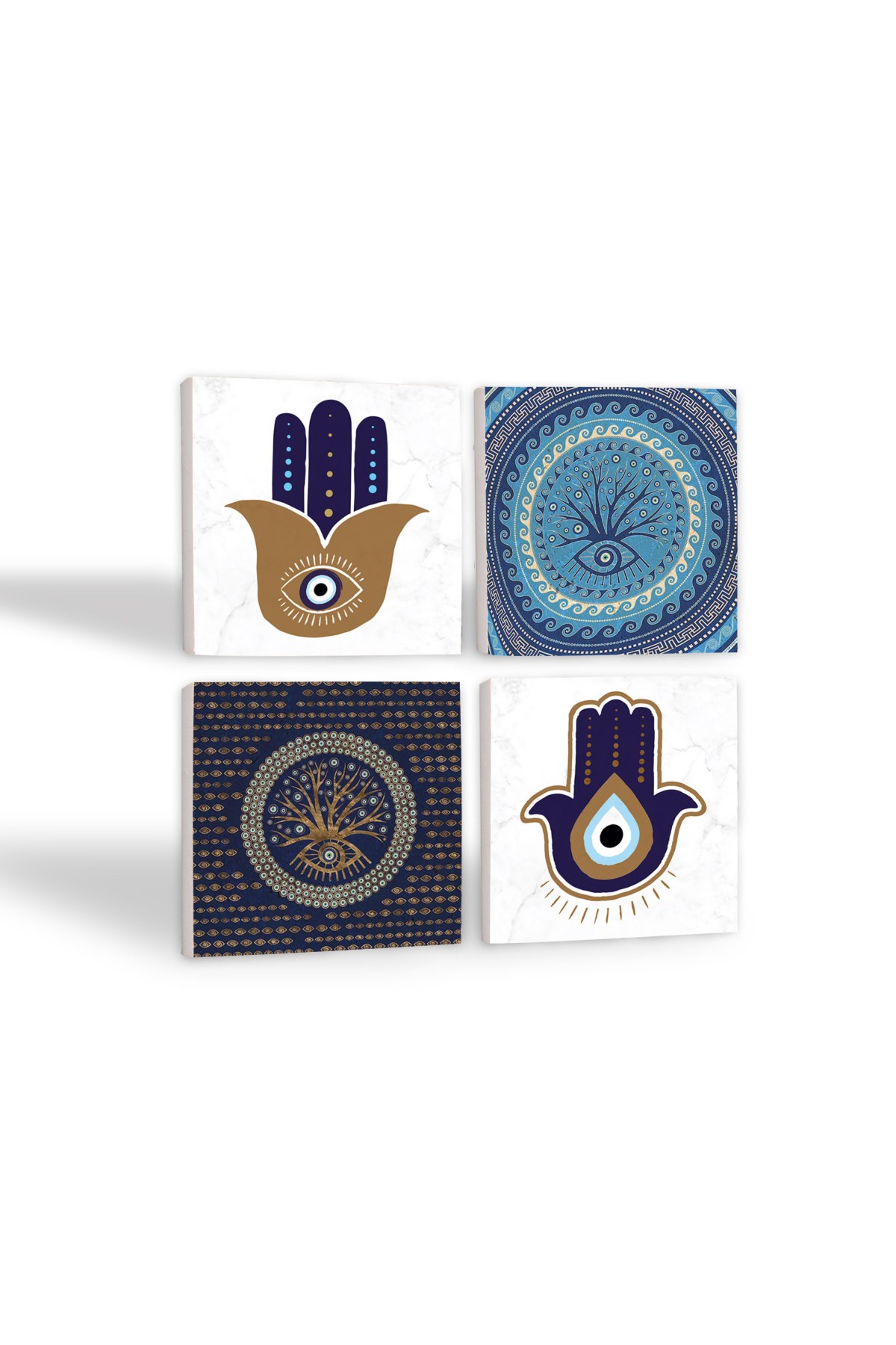 Fatma Ana Eli (Hamsa), Nazar Ağaç Taş Bardak Altlığı Masaüstü Koruyucu Altlık 4 Parça Set 10x10cm Stone Coasters