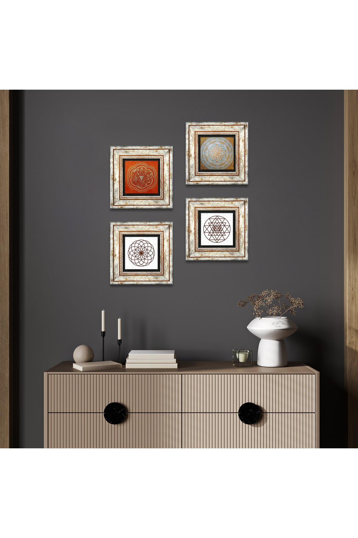 Yaşam Çiçeği, Sri Yantra Taş Duvar Tablosu Çerçeveli Duvar Dekoru 4 Parça Tablo Seti Wall Art