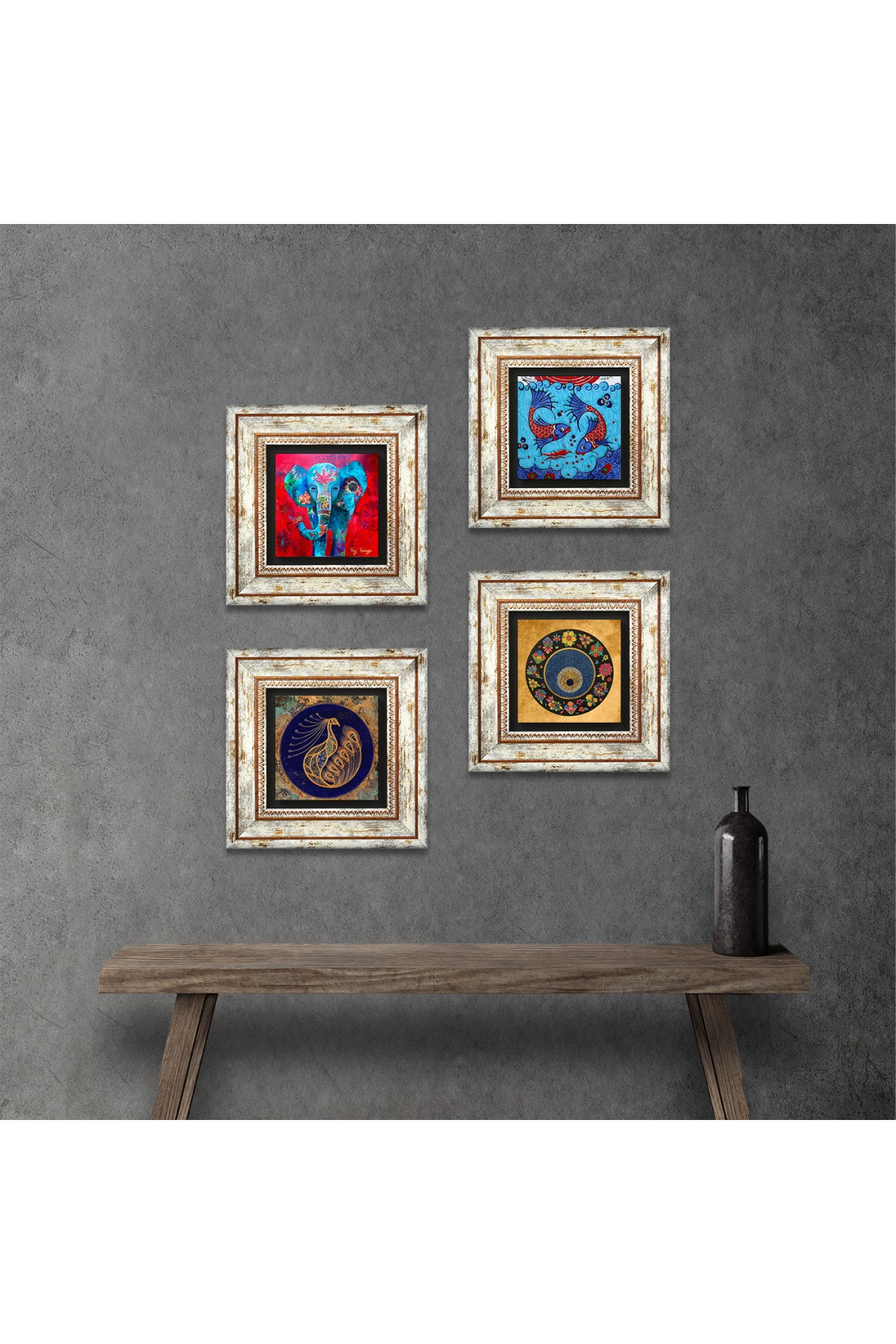 Elephant, Peacock, Tile Art Fish, Evil Eye Stone Wall Painting Framed Wall Decor 4 Piece Painting Set Wall Art