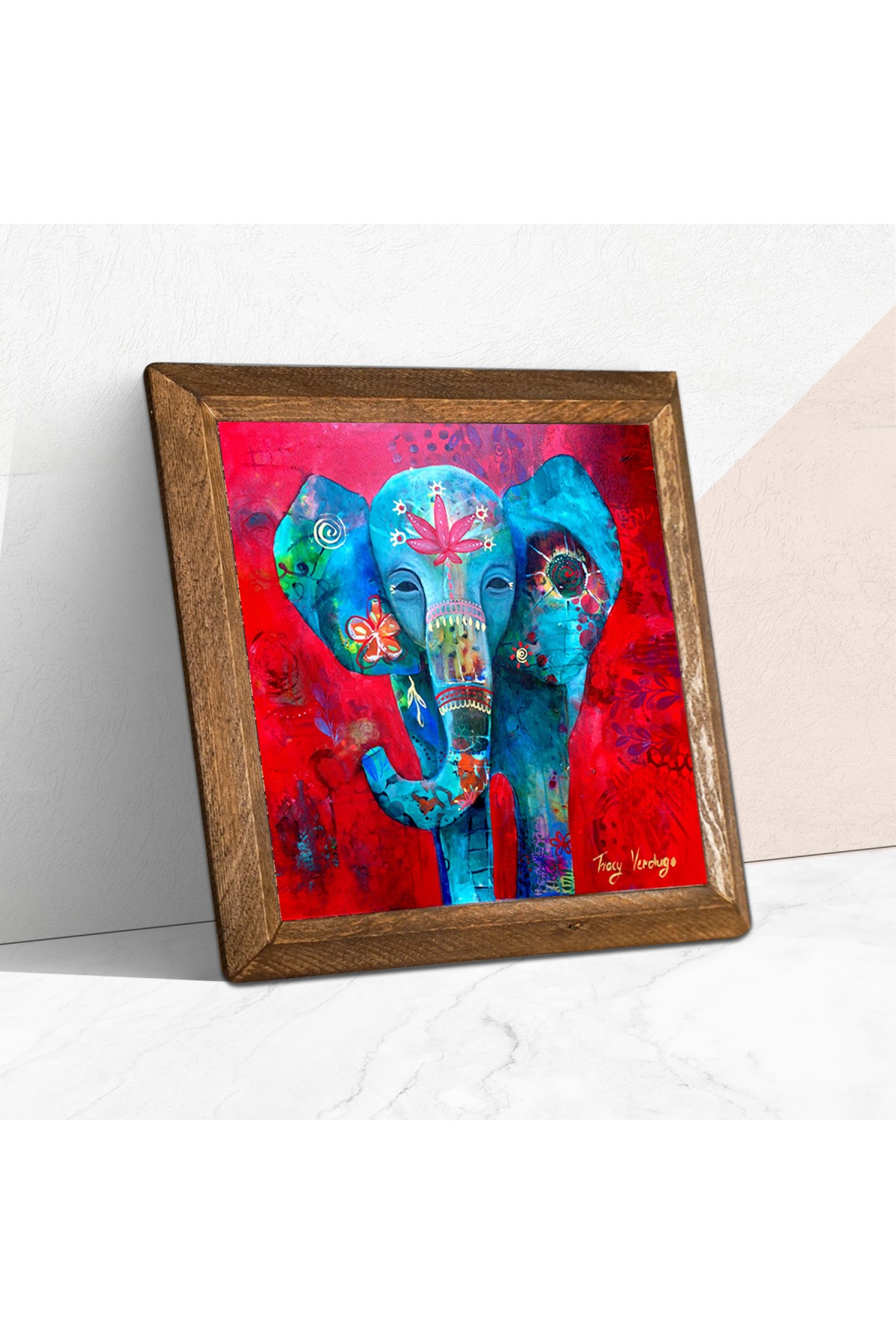 Elephant Stone Wall Painting Wooden Framed Wall Decor Wall Art 25x25cm