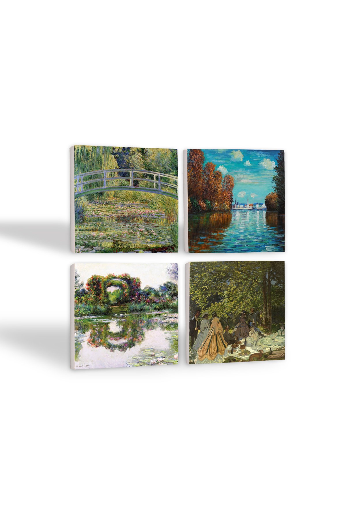 Claude Monet Sonbahar, Gül Çiçekli Kemer, Kırda Öğle Yemeği, Nilüfer Gölü Taş Bardak Altlığı Masaüstü Koruyucu Altlık 4 Parça Set 10x10cm Stone Coasters