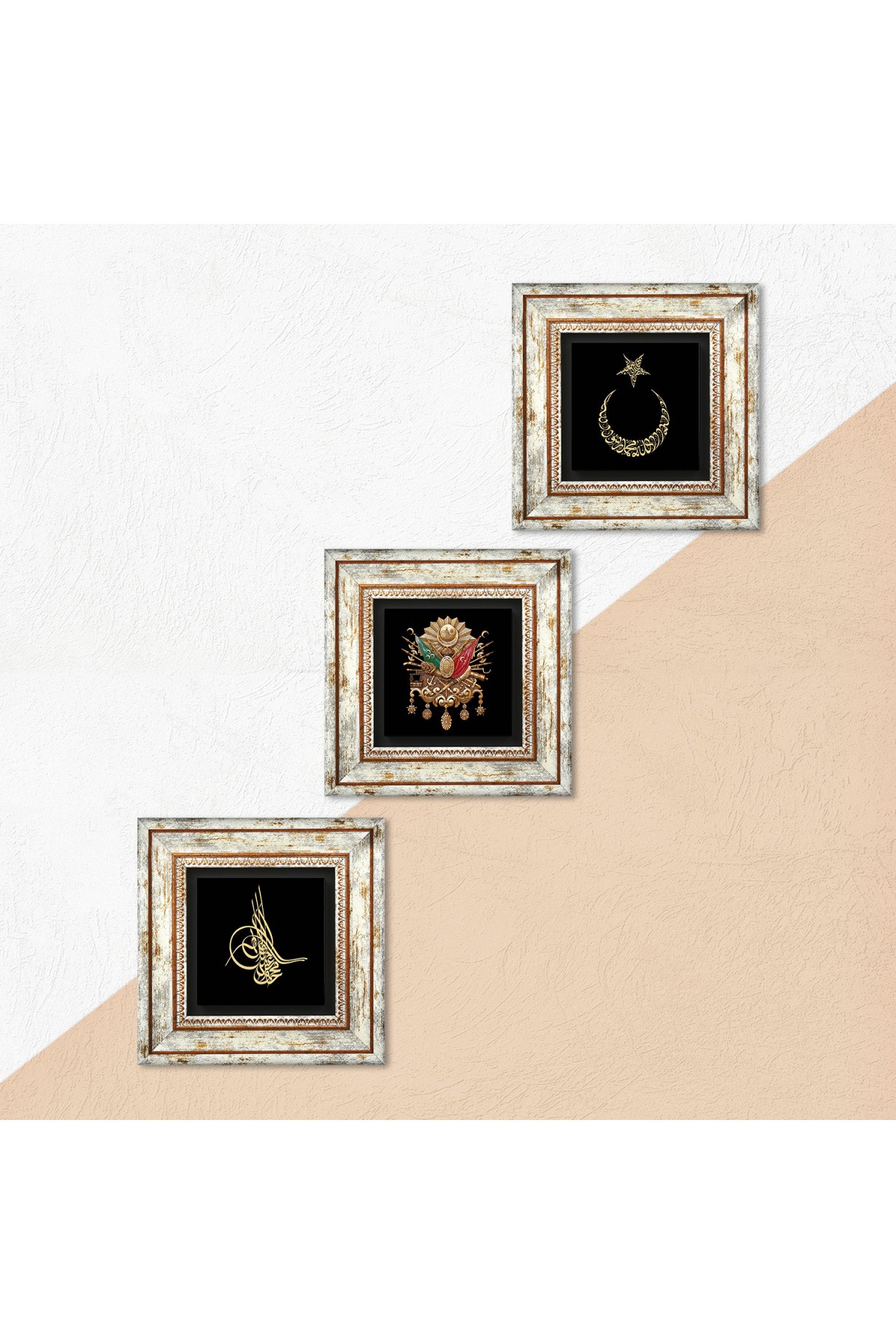 Ottoman Tughra, Moon Star Stone Wall Painting Framed Wall Decor 3 Piece Painting Set Wall Art