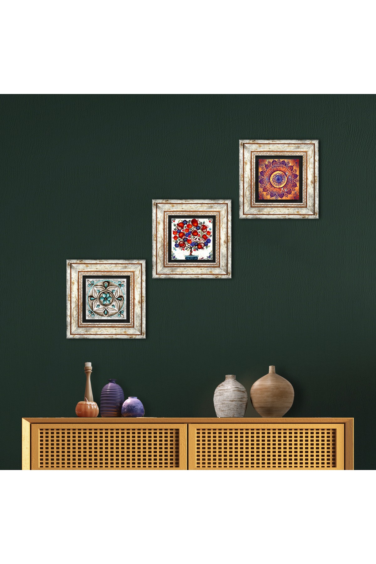 Mandala, Çini Sanatı, Nar Ağacı Taş Duvar Tablosu Çerçeveli Duvar Dekoru 3 Parça Tablo Seti Wall Art