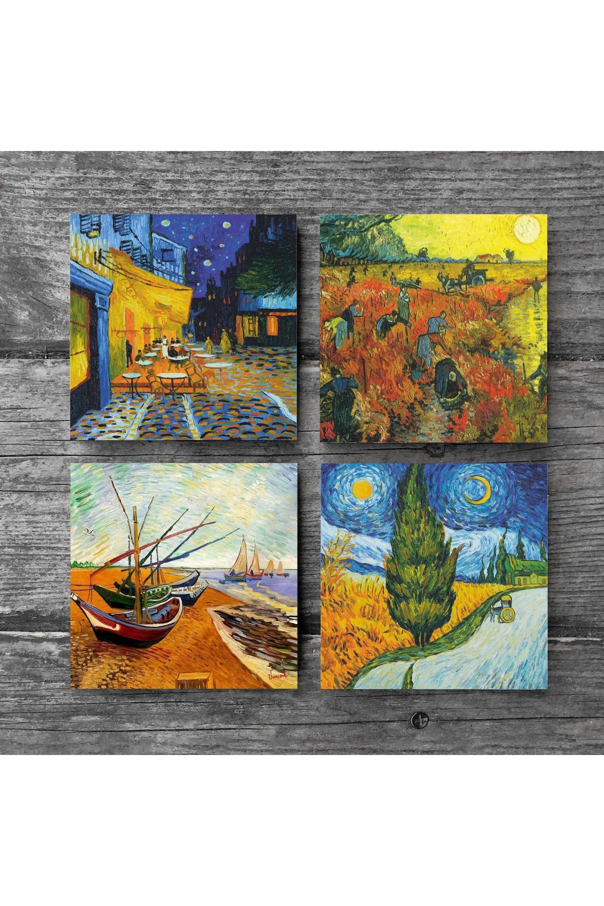 Van Gogh Selvili Yol, Kırmızı Bağ, Kafe Terasta Gece, Balıkçı Tekneleri Taş Bardak Altlığı Masaüstü Koruyucu Altlık 4 Parça Set 10x10cm Stone Coasters