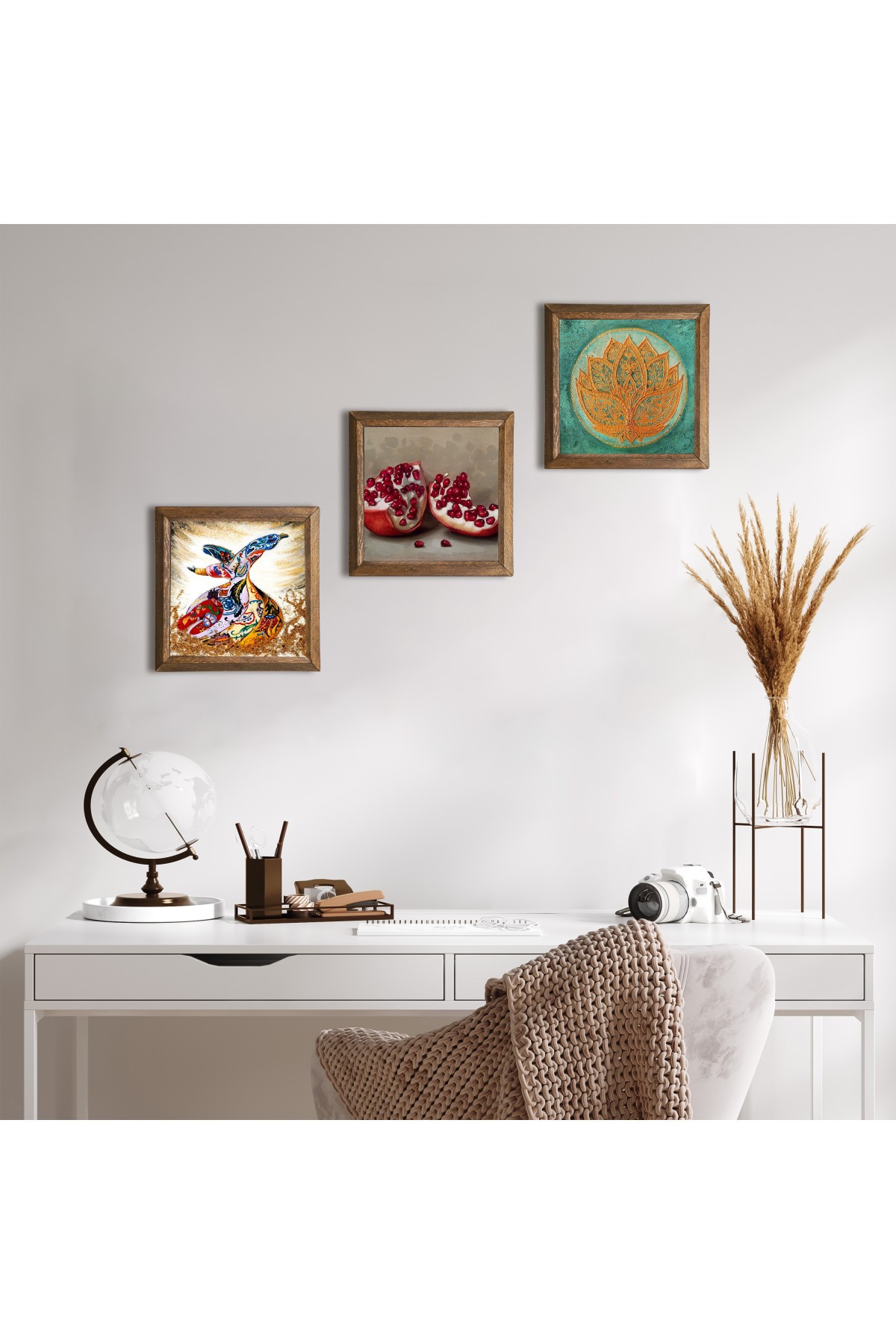 Lotus Flower, Whirling Dervish, Pomegranate Stone Wall Painting Wooden Framed Wall Decor 3 Piece Painting Set Wall Art