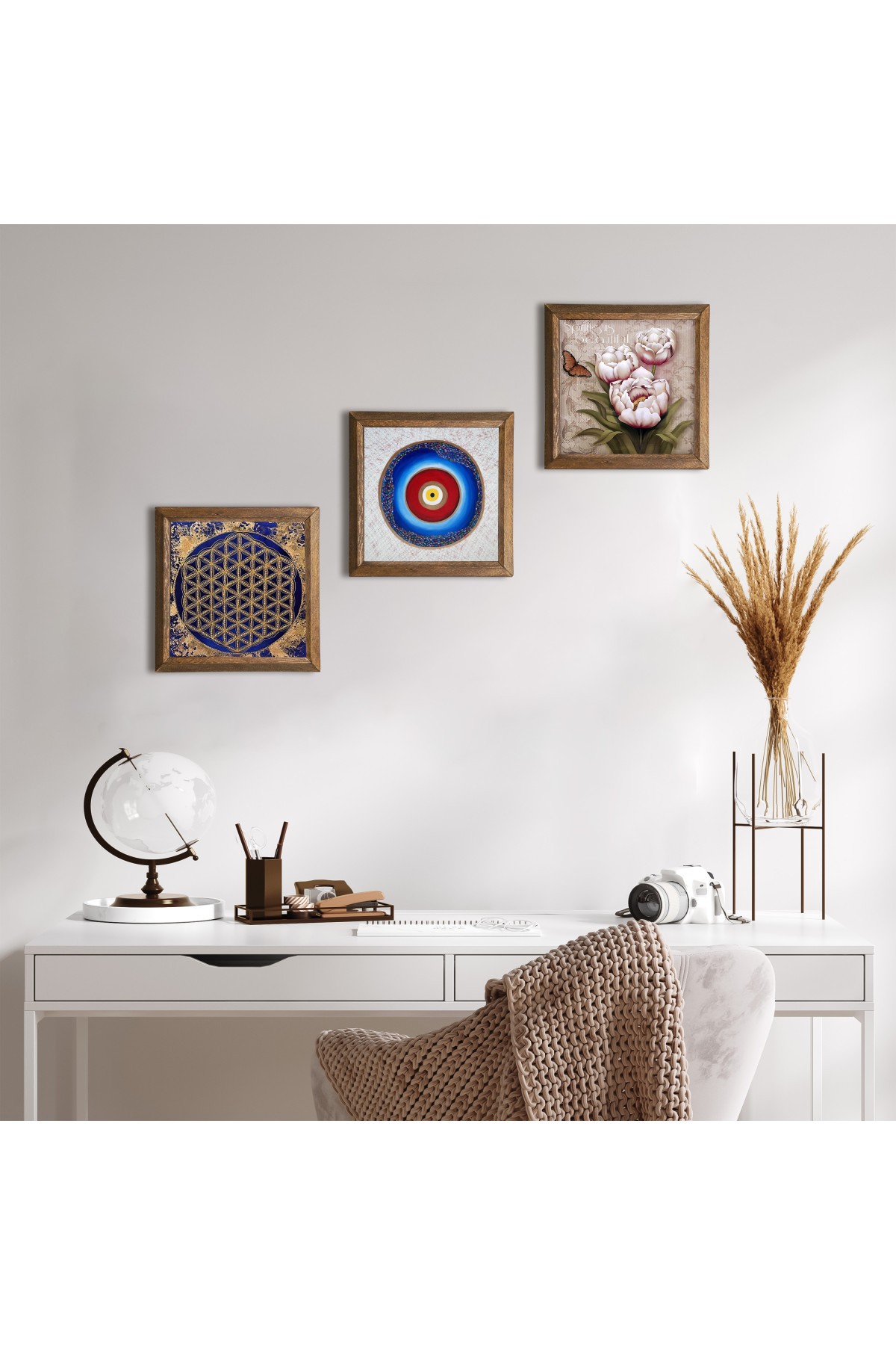 Evil Eye, Flower of Life, Butterfly Flower Stone Wall Painting Wooden Framed Wall Decor 3 Piece Painting Set Wall Art