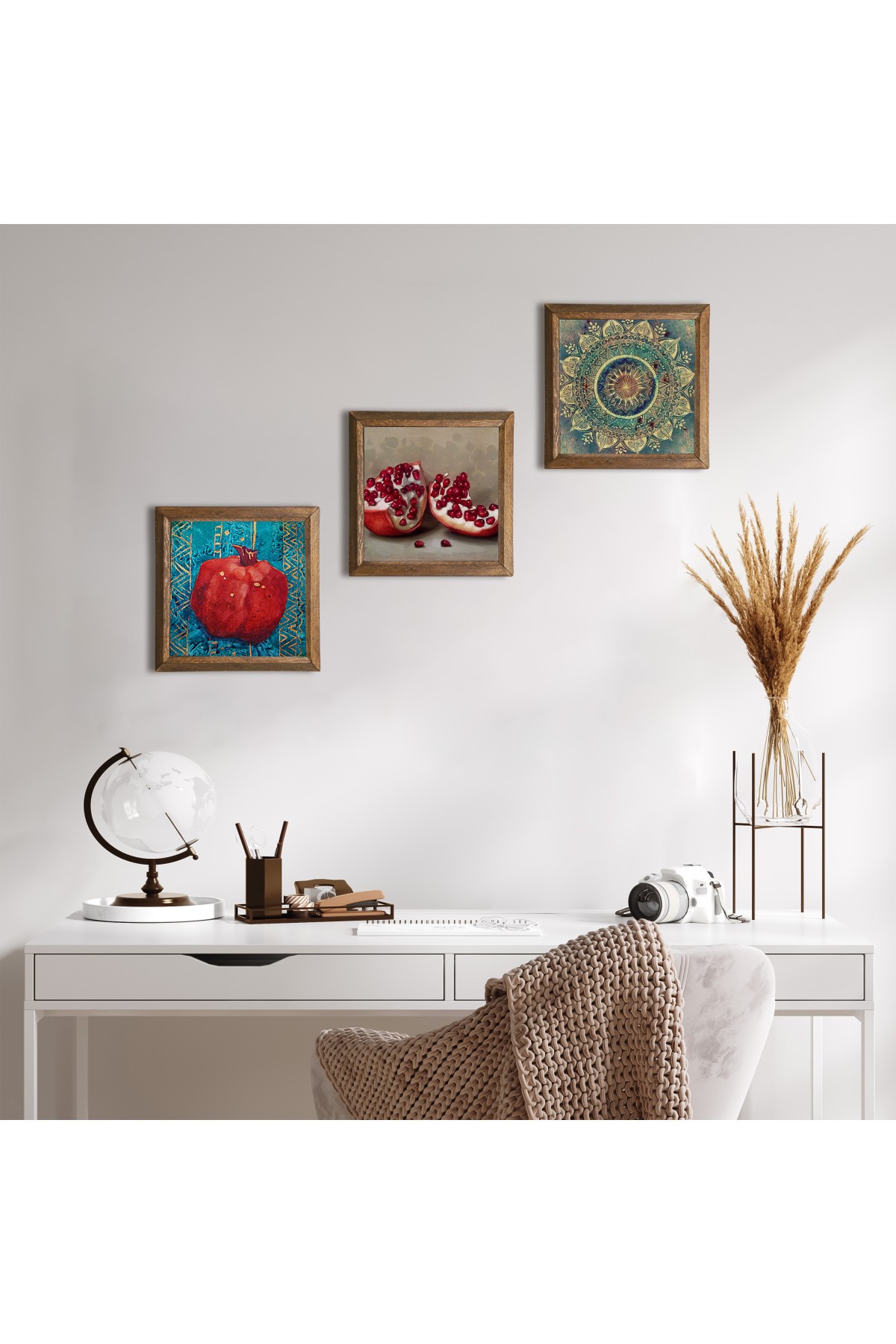 Mandala, Nar Taş Duvar Tablosu Ahşap Çerçeveli Duvar Dekoru 3 Parça Tablo Seti Wall Art