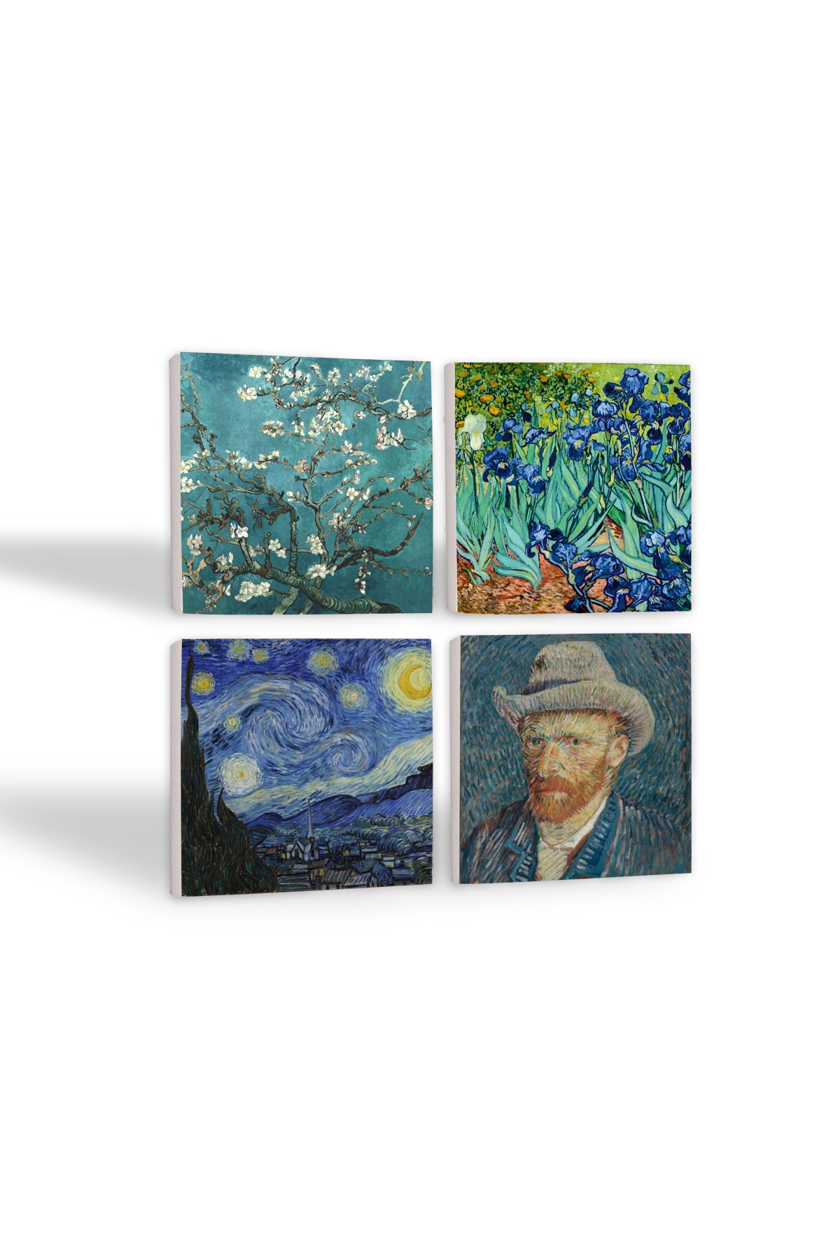 Van Gogh İrisler, Yıldızlı Gece, Badem Ağacı, Otoportre Taş Bardak Altlığı Masaüstü Koruyucu Altlık 4 Parça Set 10x10cm Stone Coasters