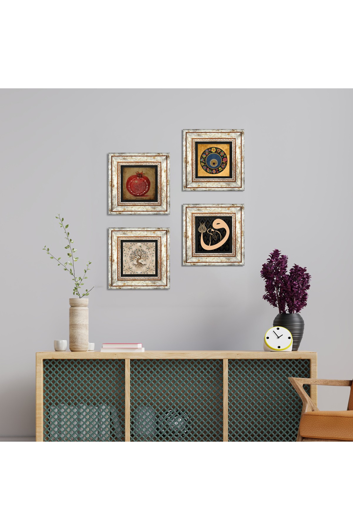 Vav, Nazar, Bereket Duası, Hayat Ağacı Taş Duvar Tablosu Çerçeveli Duvar Dekoru 4 Parça Tablo Seti Wall Art