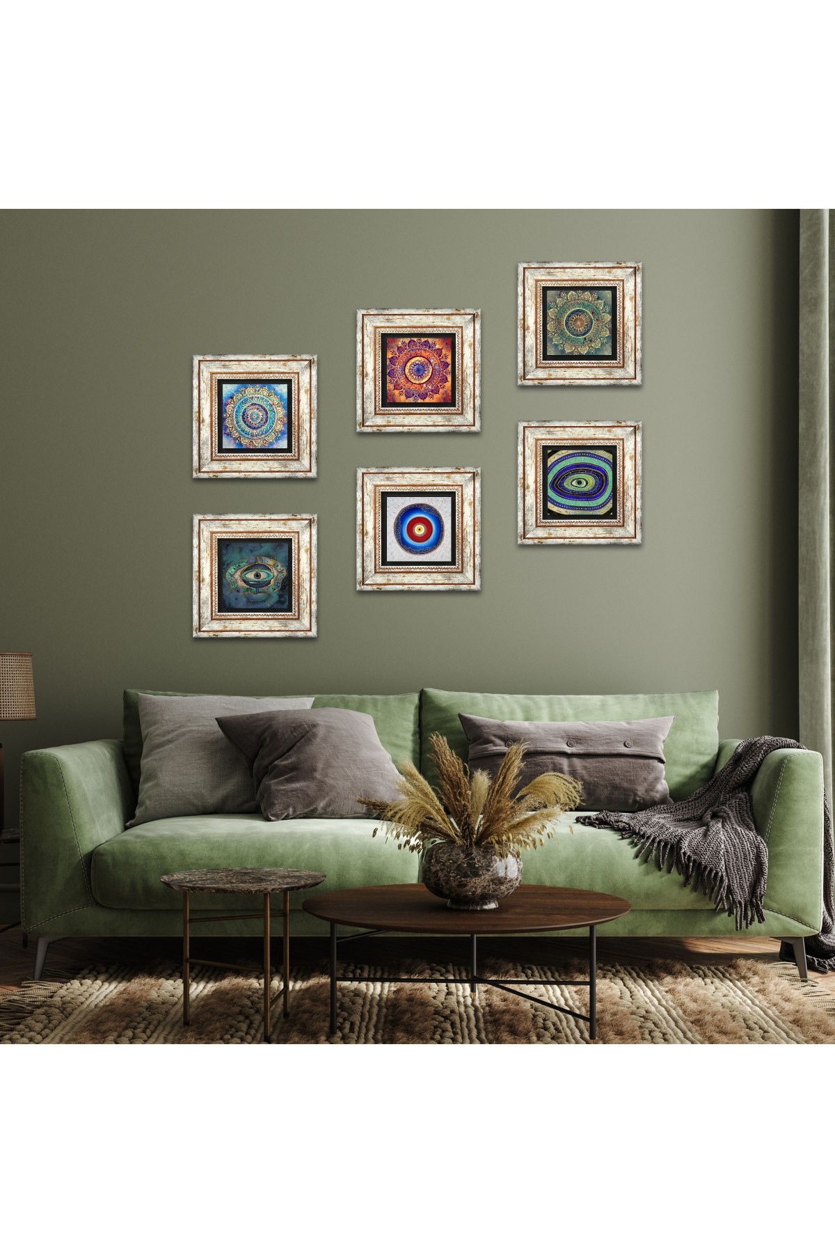 Mandala, Nazar Taş Duvar Tablosu Çerçeveli Duvar Dekoru 6 Parça Tablo Seti Wall Art