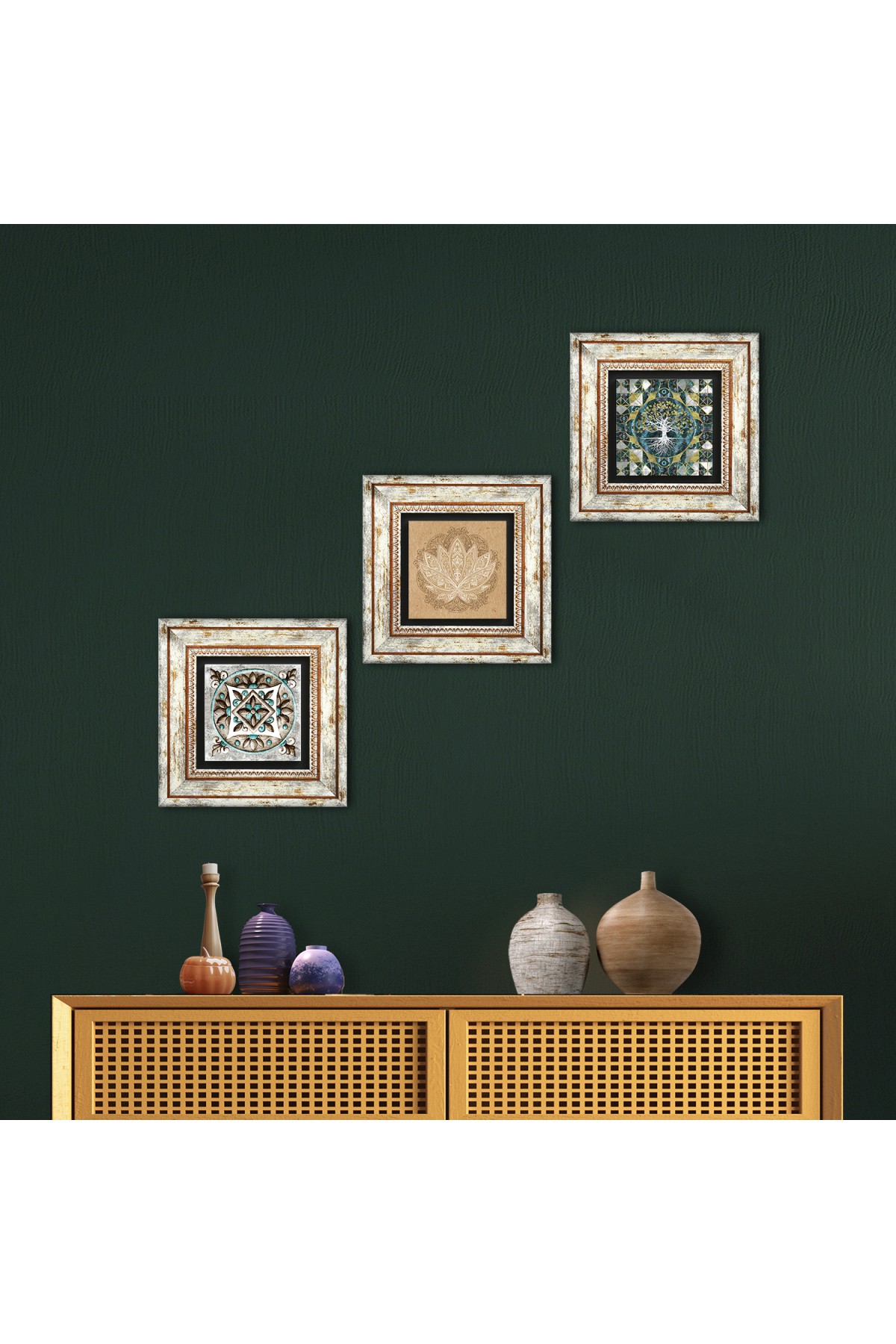 Hayat Ağacı, Lotus Çiçeği, Çini Sanatı Taş Duvar Tablosu Çerçeveli Duvar Dekoru 3 Parça Tablo Seti Wall Art