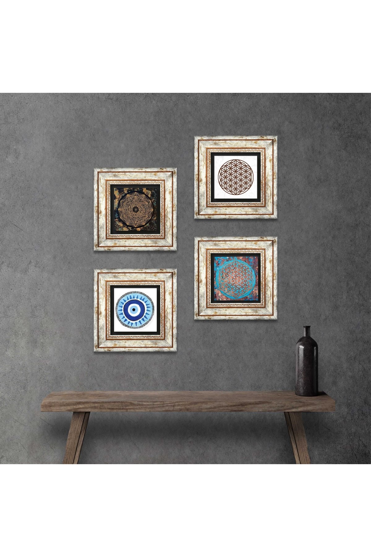 Nazar, Sri Yantra, Yaşam Çiçeği Taş Duvar Tablosu Çerçeveli Duvar Dekoru 4 Parça Tablo Seti Wall Art