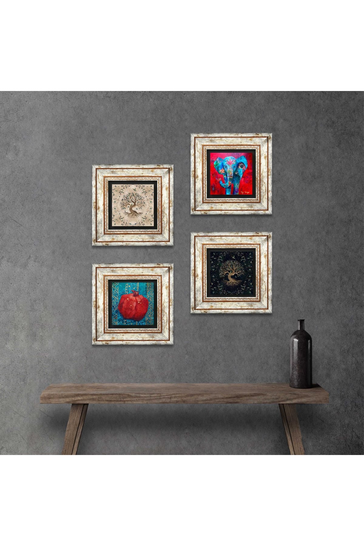 Elephant, Tree of Life, Pomegranate Stone Wall Painting Framed Wall Decor 4 Piece Painting Set Wall Art