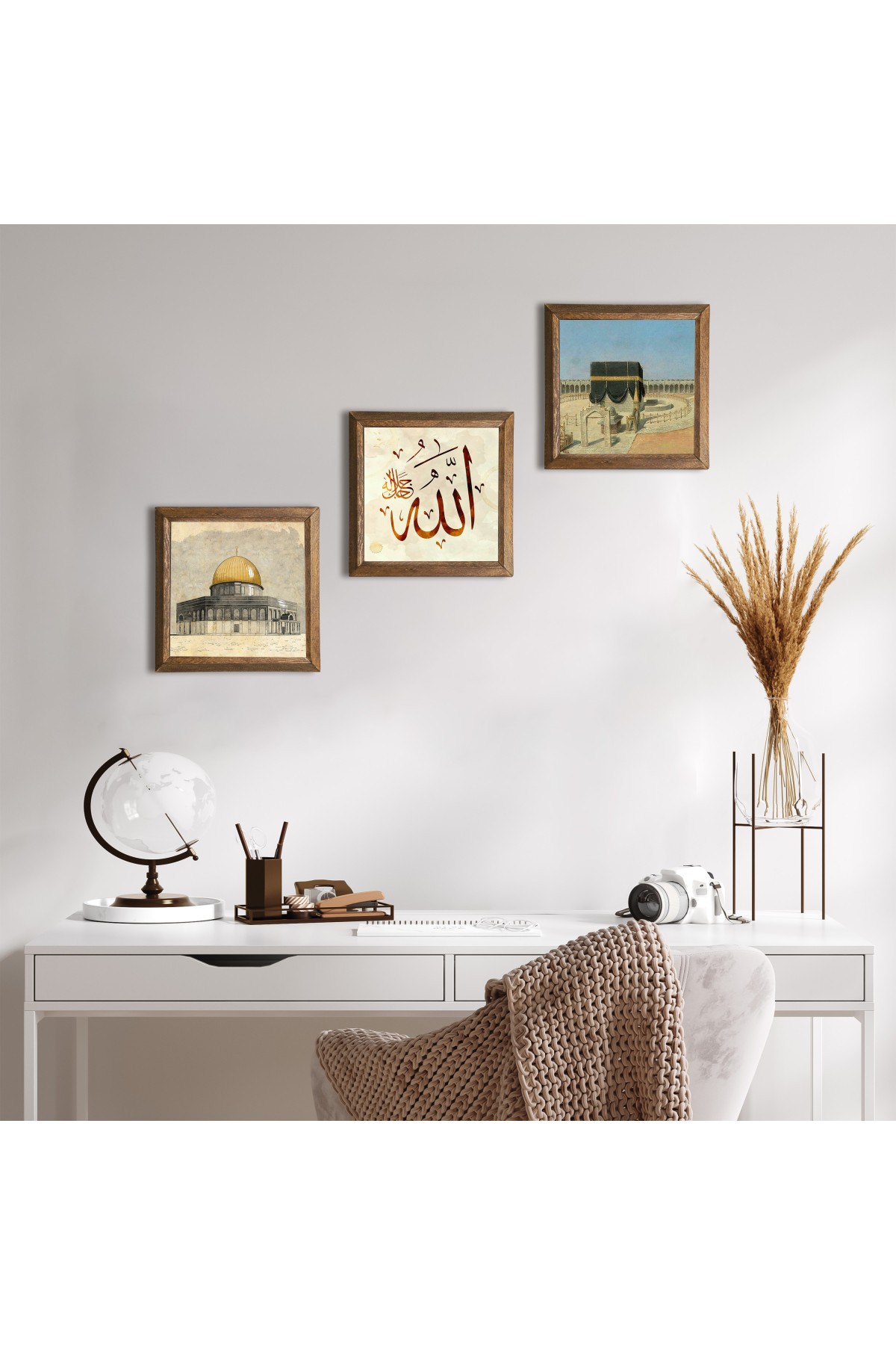 Kaaba-i Magnificent, Masjid al-Aqsa, Word of Allah Stone Wall Painting Wooden Framed Wall Decoration 3 Piece Painting Set Wall Art