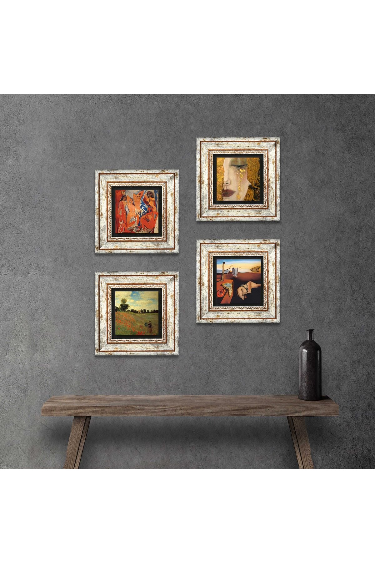 Salvador Dalí, Picasso, Claude Monet, Gustav Klimt Stone Wall Painting Framed Wall Decor 4 Piece Painting Set Wall Art