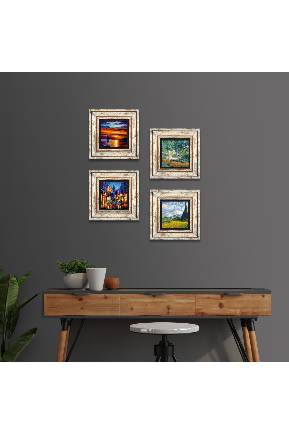 Van Gogh, Seascape, Street View Stone Wall Painting Framed Wall Decor 4 Piece Painting Set Wall Art