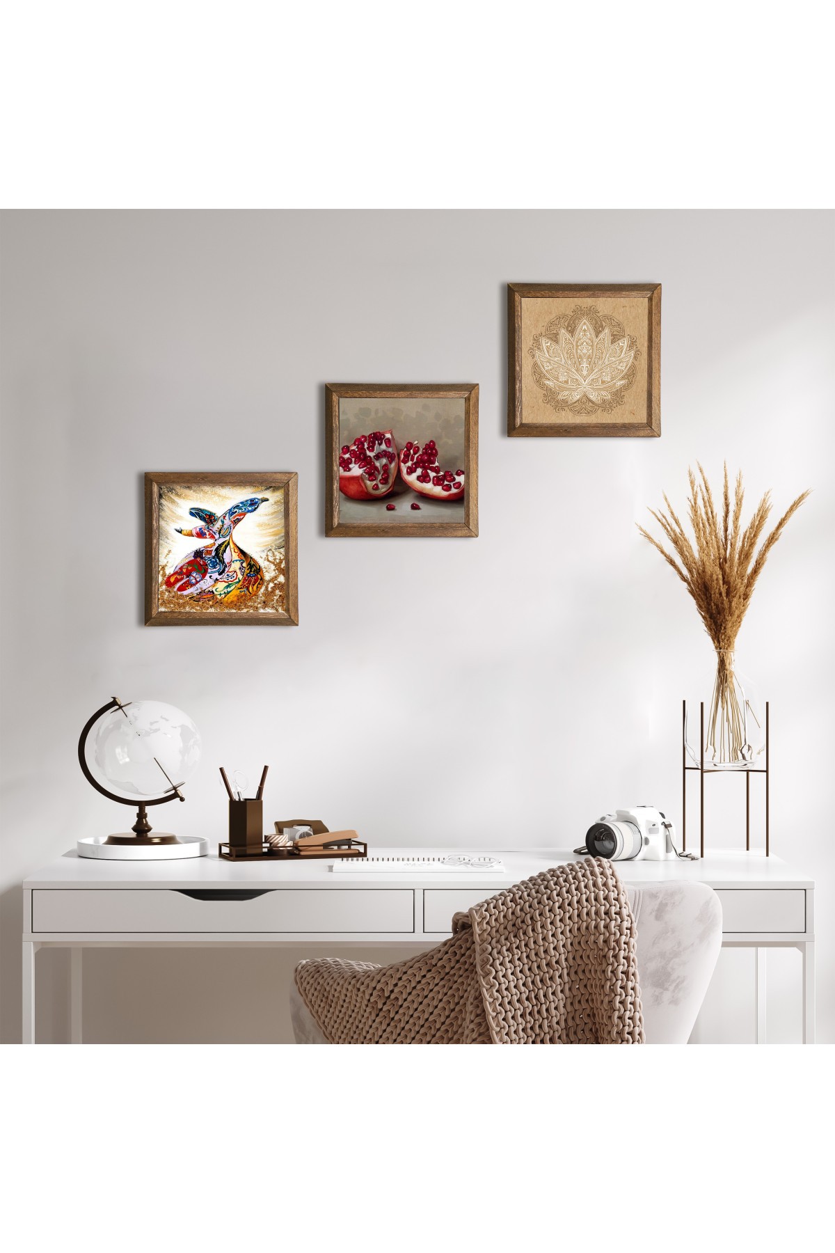 Lotus Çiçeği, Semazen, Nar Taş Duvar Tablosu Ahşap Çerçeveli Duvar Dekoru 3 Parça Tablo Seti Wall Art