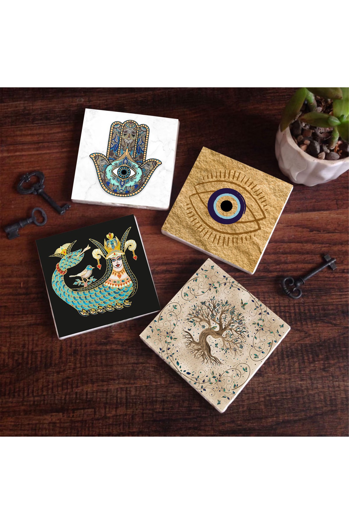 Nazar, Şahmeran, Hayat Ağacı, Fatma Ana Eli (Hamsa) Taş Bardak Altlığı Masaüstü Koruyucu Altlık 4 Parça Set 10x10cm Stone Coasters